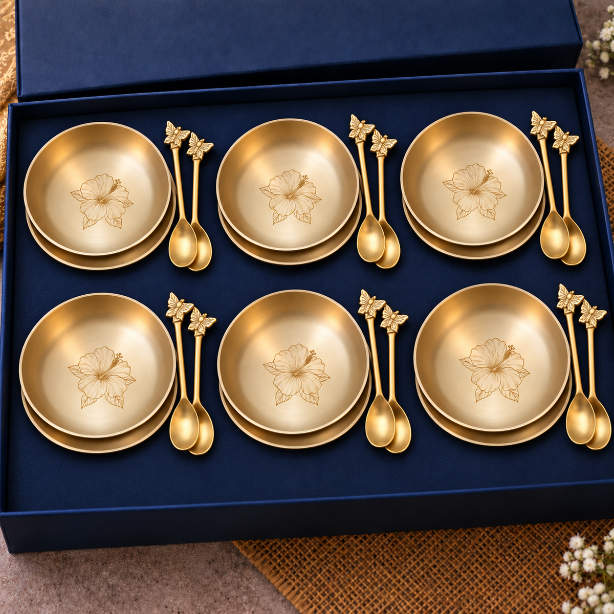 Ambi Hibiscus-Etched Pure Kansa Plate and Brass Spoon Gift Box | Set of 12