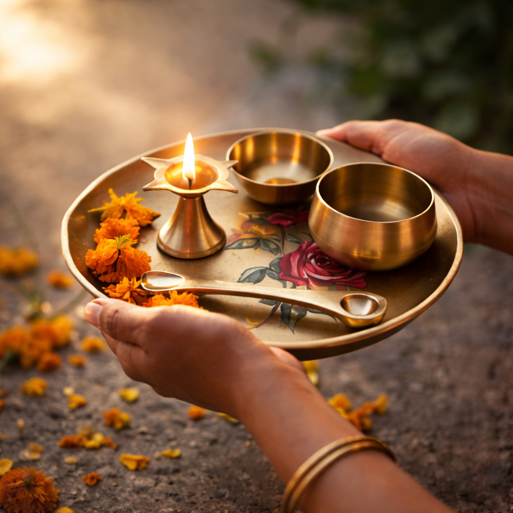 Hands holding a decorative tray with a lit candle, bowls, and flowers on a natural background.