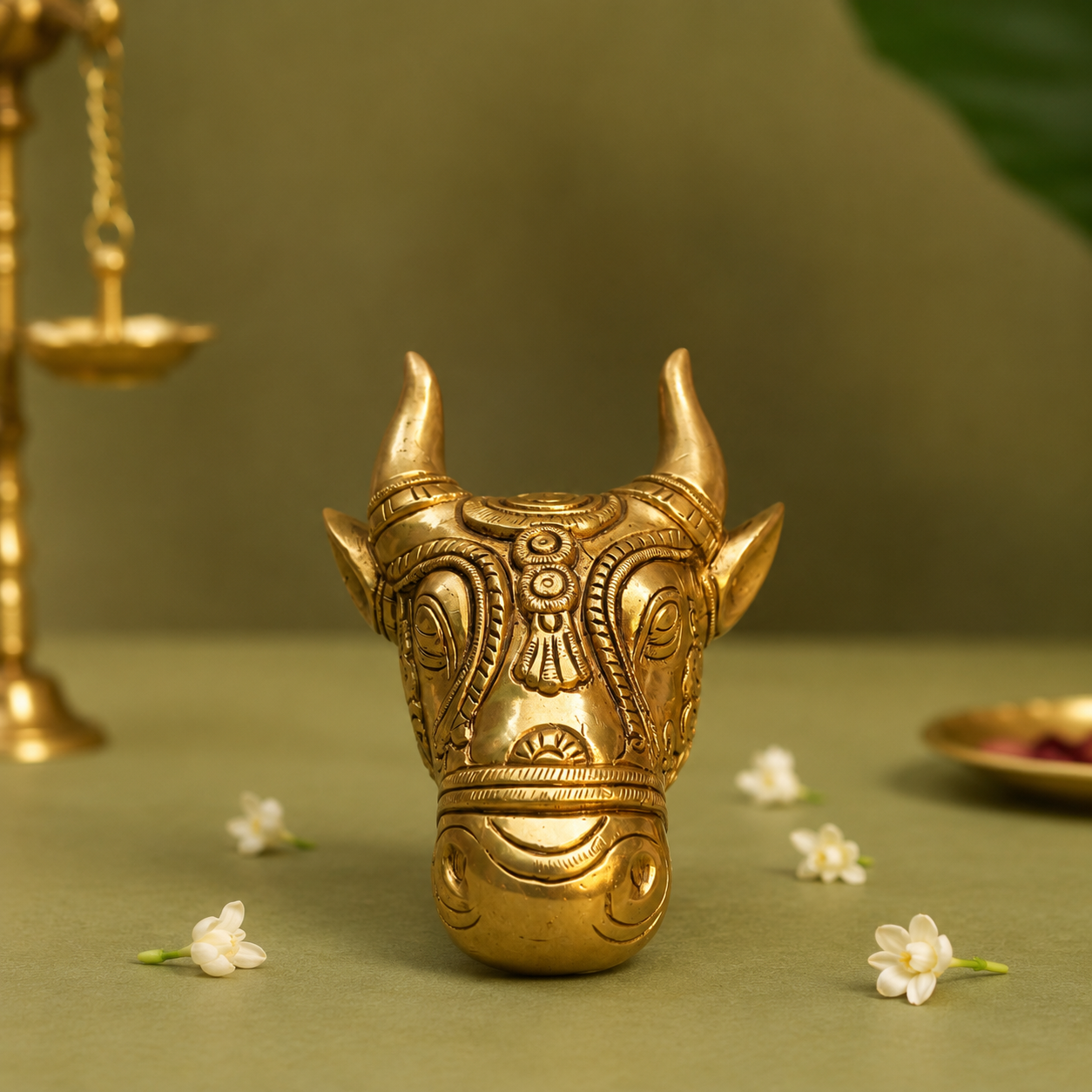 Ambi Pure Brass Nandikeshvara / Nandideva Face Sculpture (Antique Gold Finish)