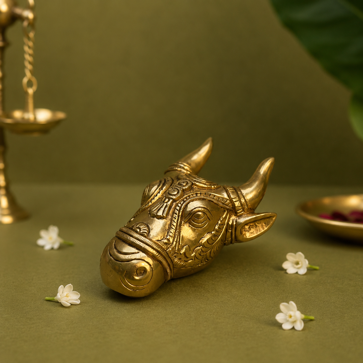 Ambi Pure Brass Nandikeshvara / Nandideva Face Sculpture (Antique Gold Finish)