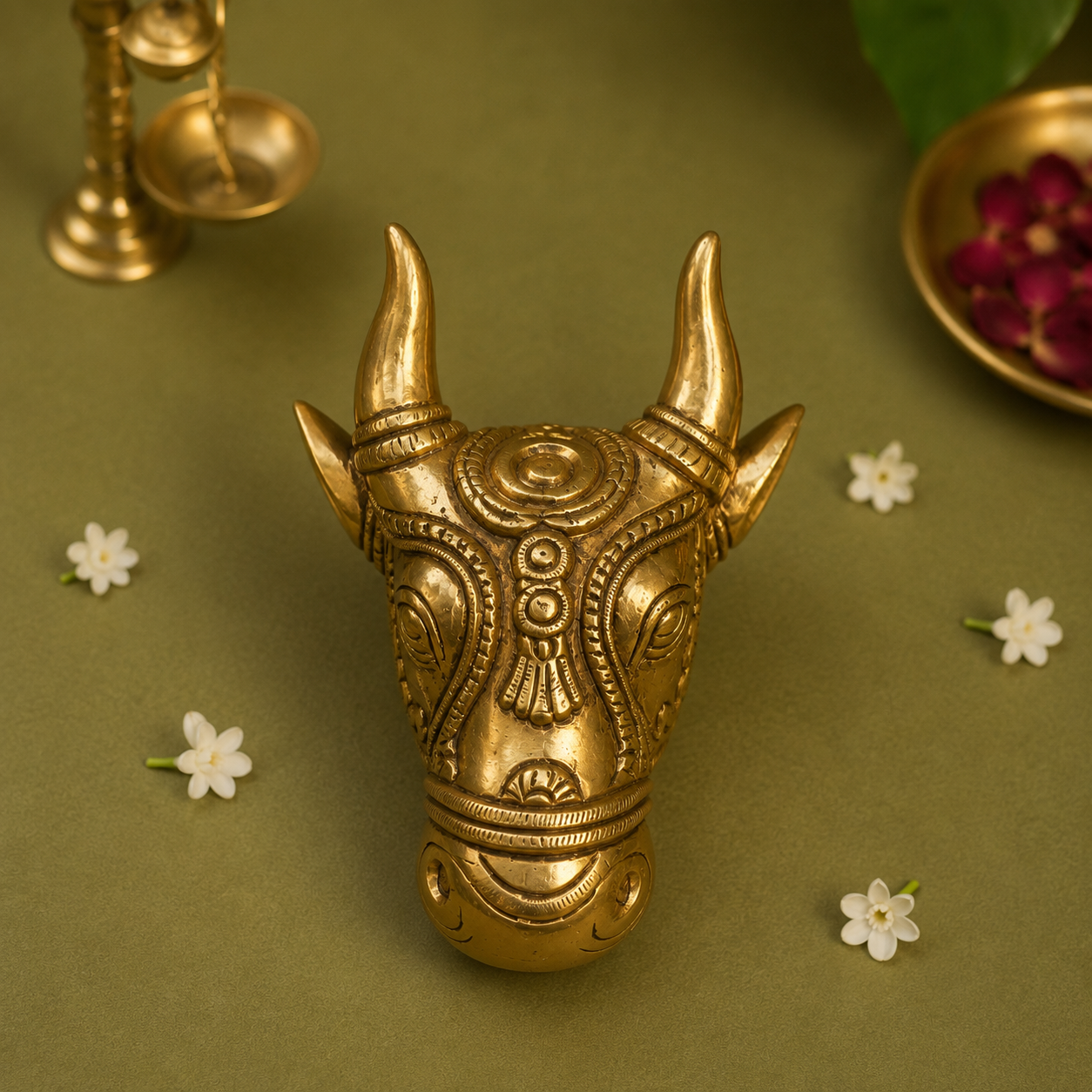 Ambi Pure Brass Nandikeshvara / Nandideva Face Sculpture (Antique Gold Finish)