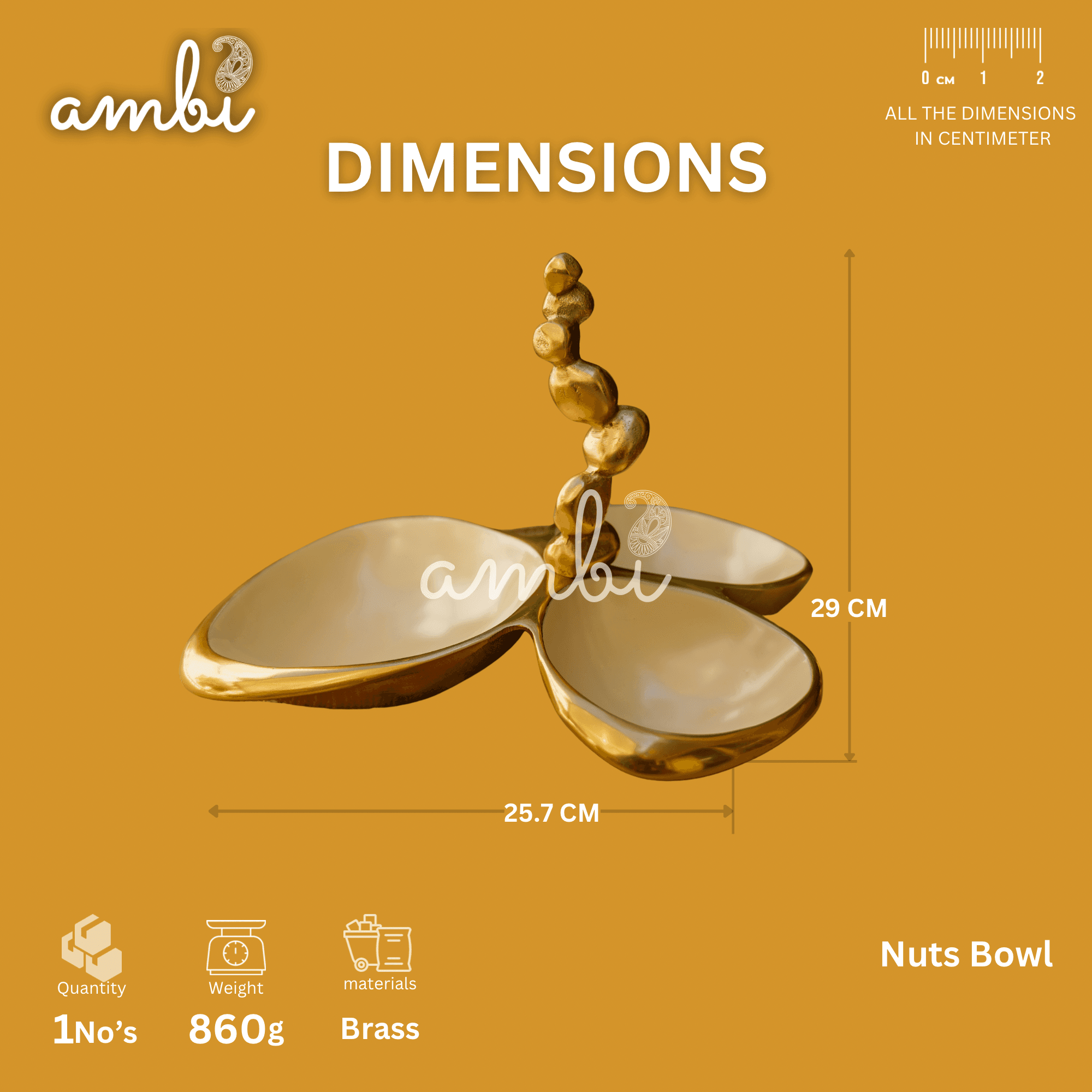 Pure Brass Gold Edge Nuts Bowls - 3 Bowls in a Single Piece