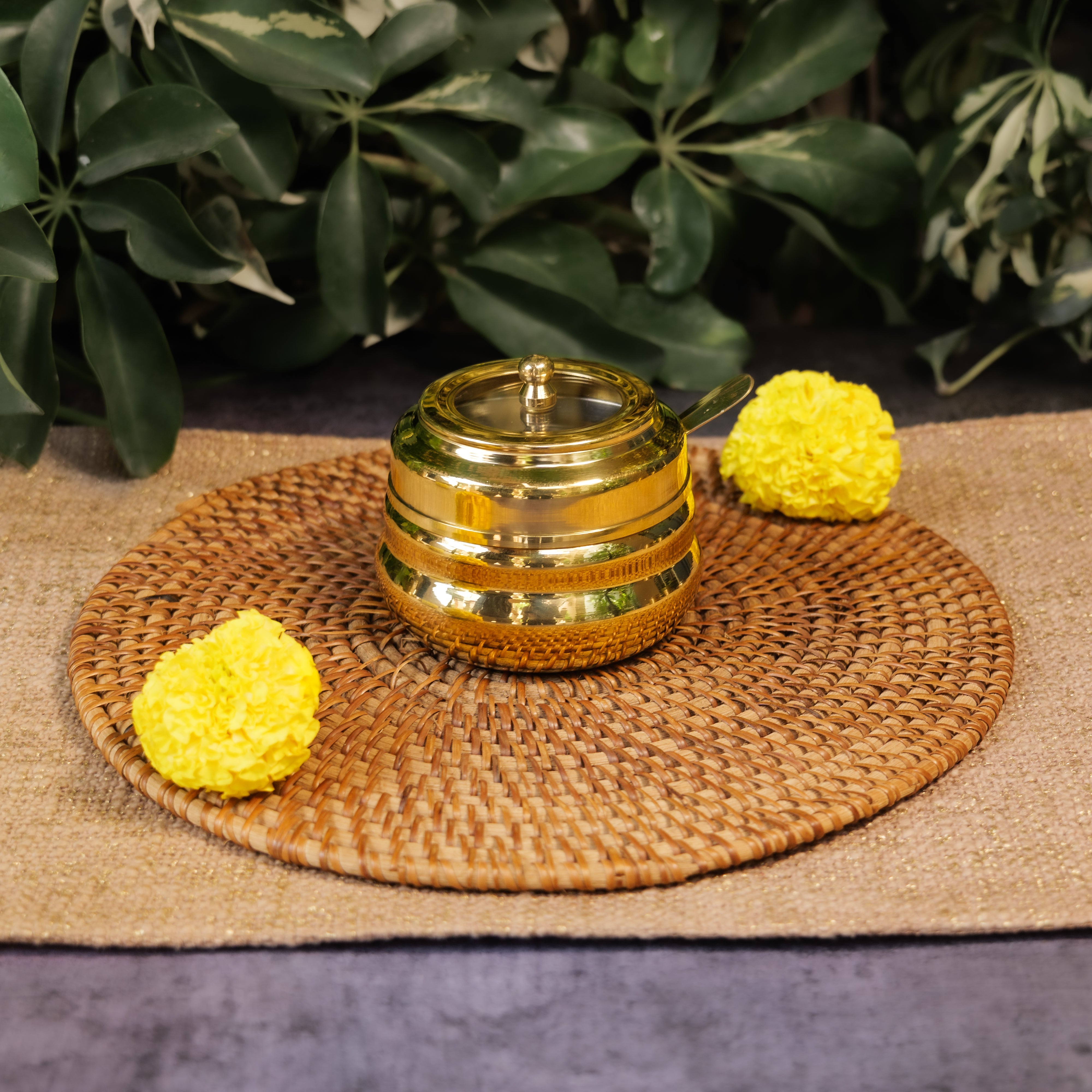 Pure Brass Ghee Pot With Spoon - Gold Finish / Transparent Top - 330 ML