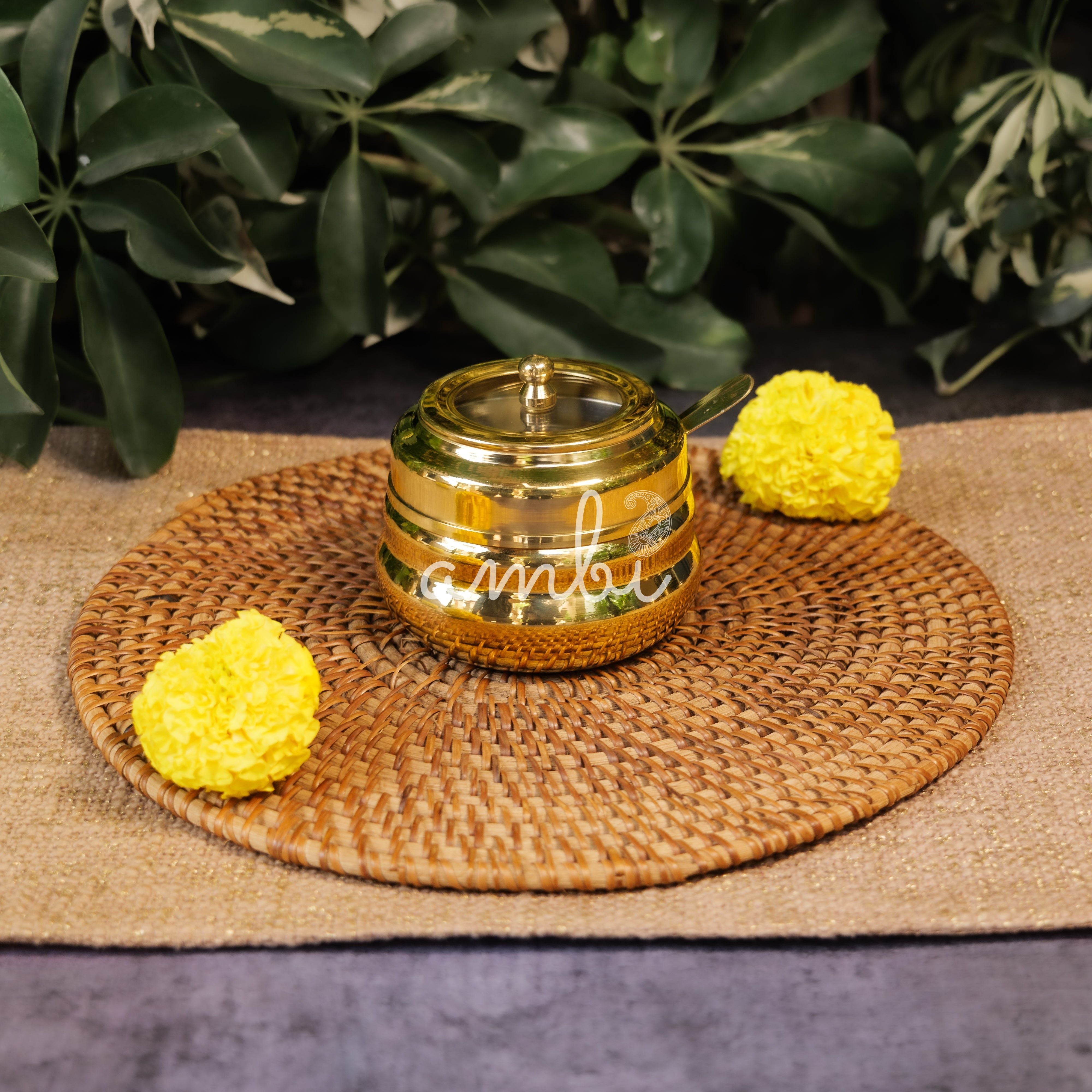 Pure Brass Ghee Pot With Spoon - Gold Finish / Transparent Top - 330 ML