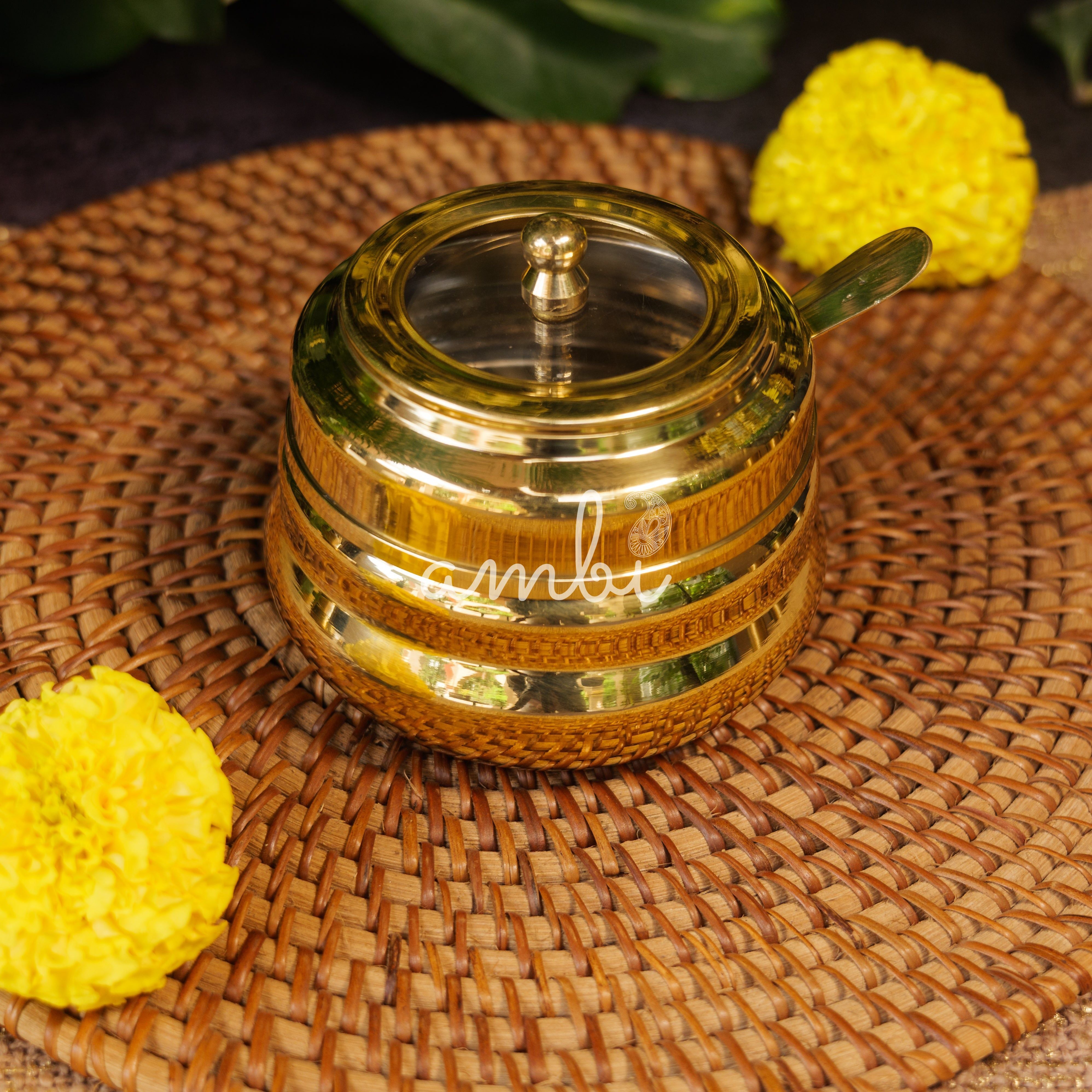 Pure Brass Ghee Pot With Spoon - Gold Finish / Transparent Top - 330 ML