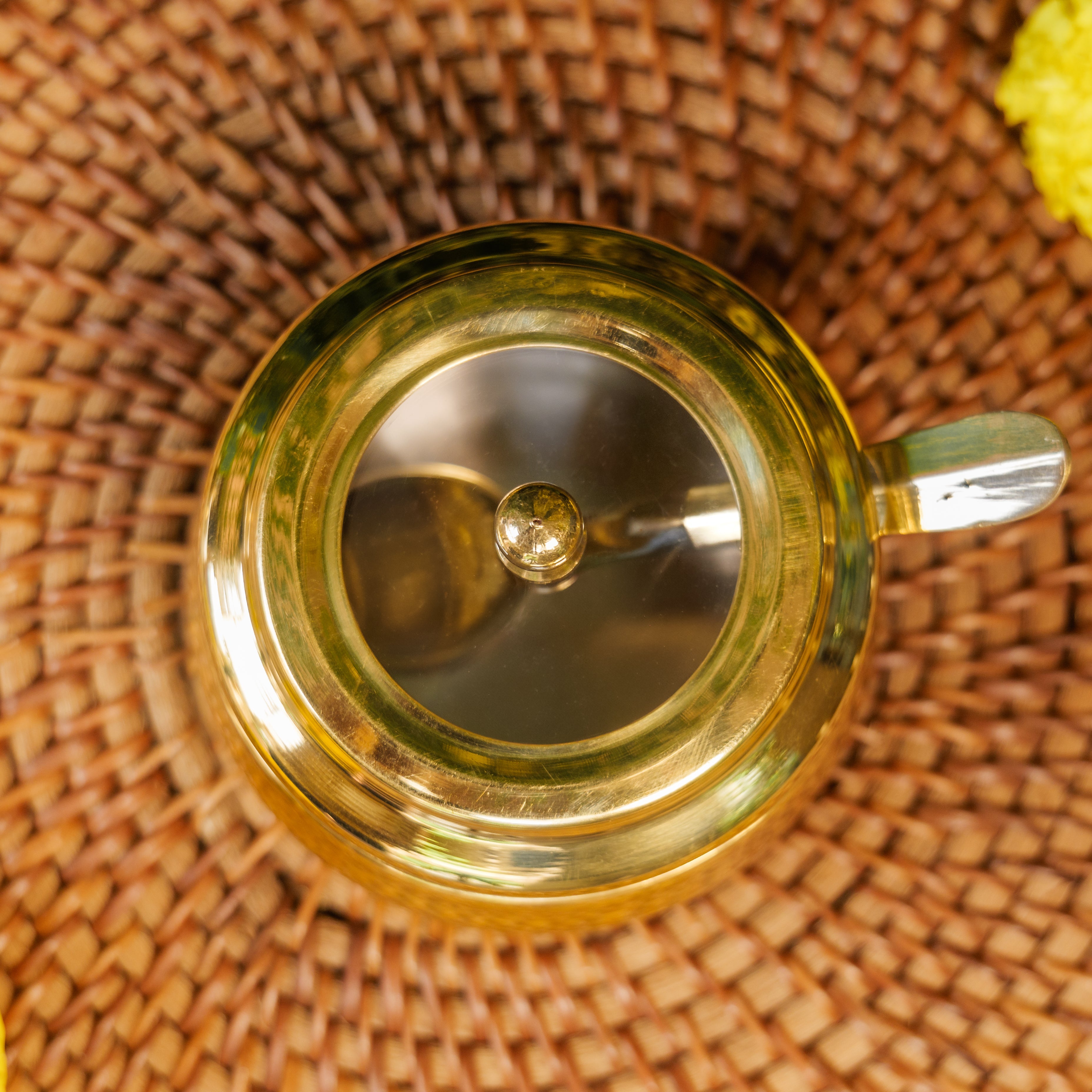 Pure Brass Ghee Pot With Spoon - Gold Finish / Transparent Top - 330 ML