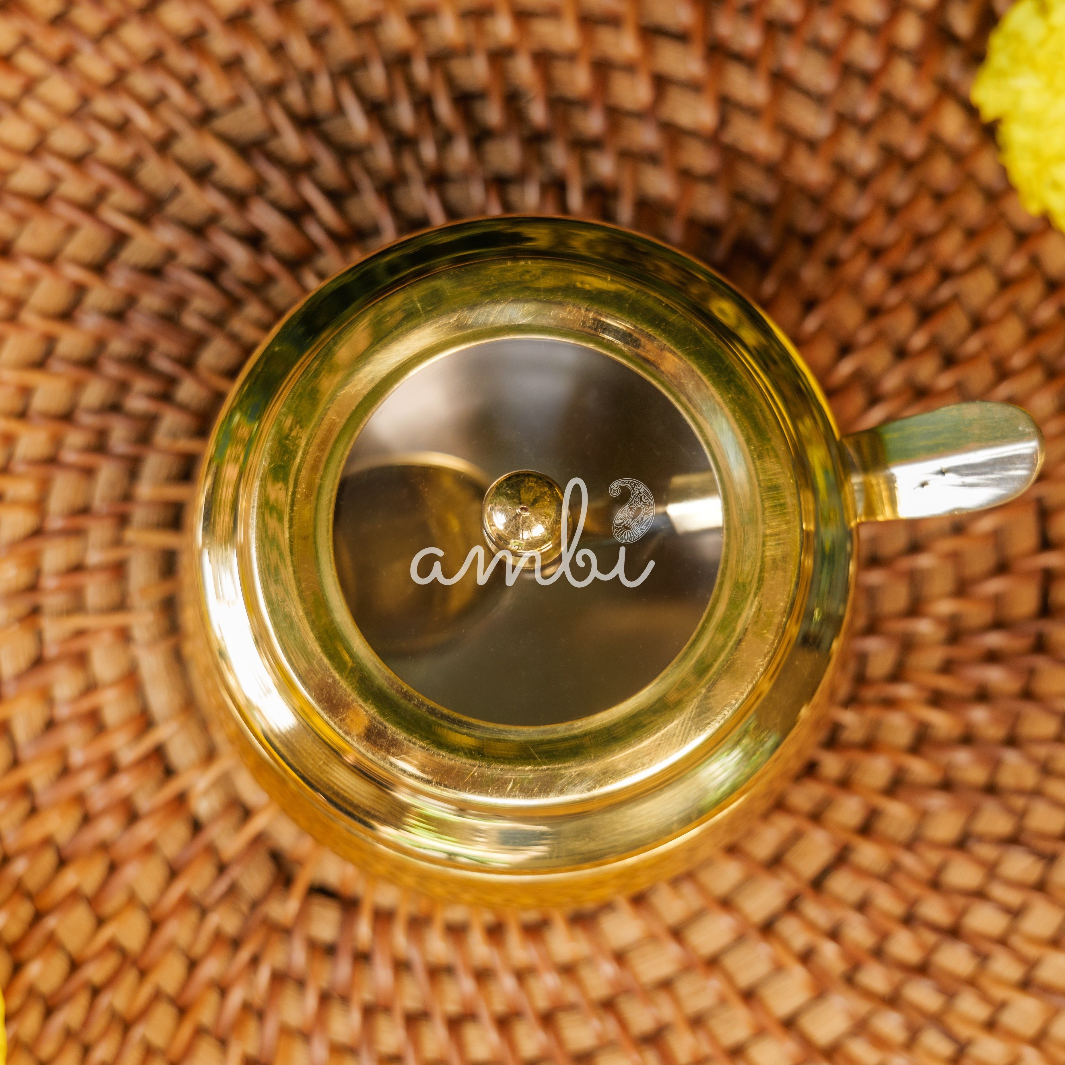 Pure Brass Ghee Pot With Spoon - Gold Finish / Transparent Top - 330 ML