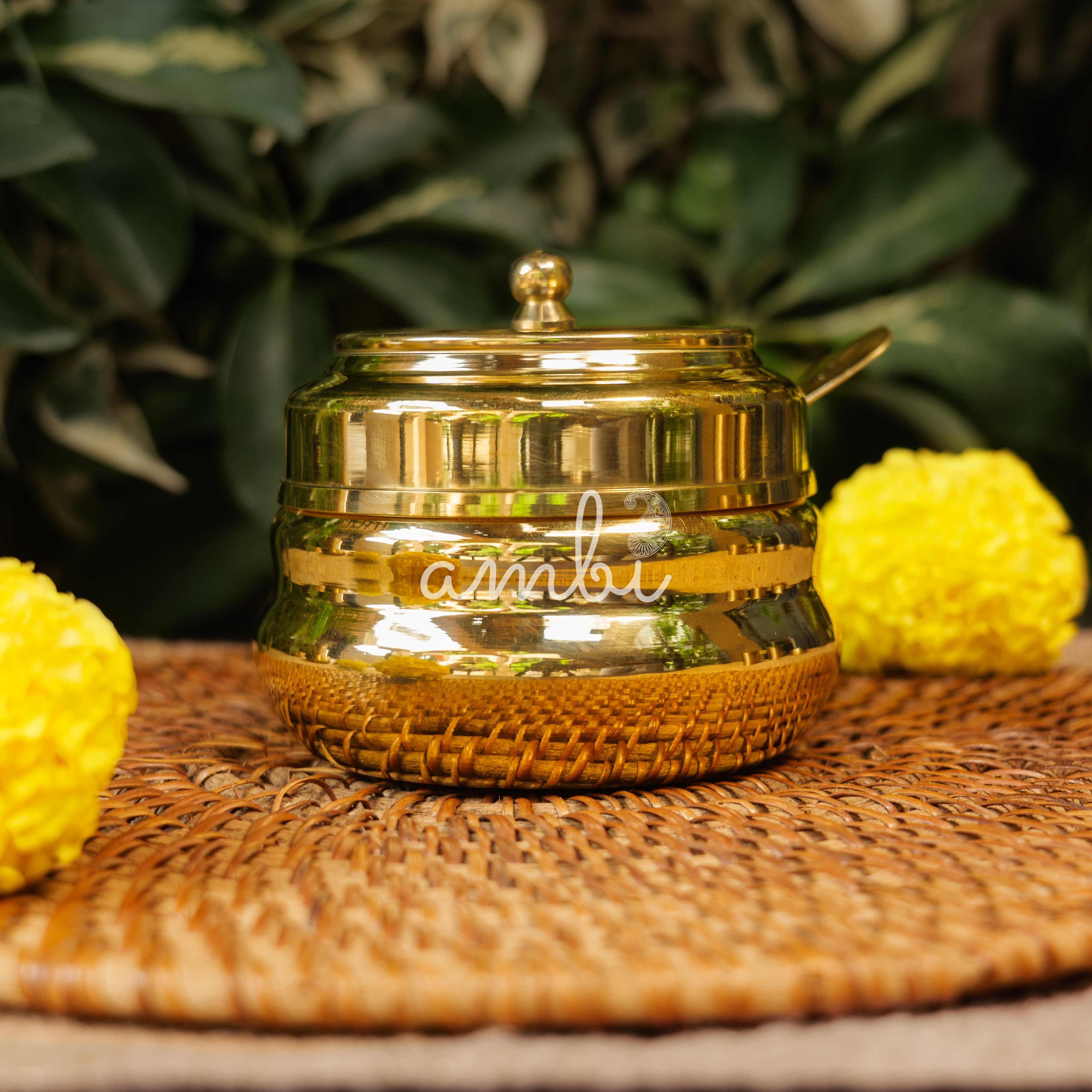 Pure Brass Ghee Pot With Spoon - Gold Finish / Transparent Top - 330 ML