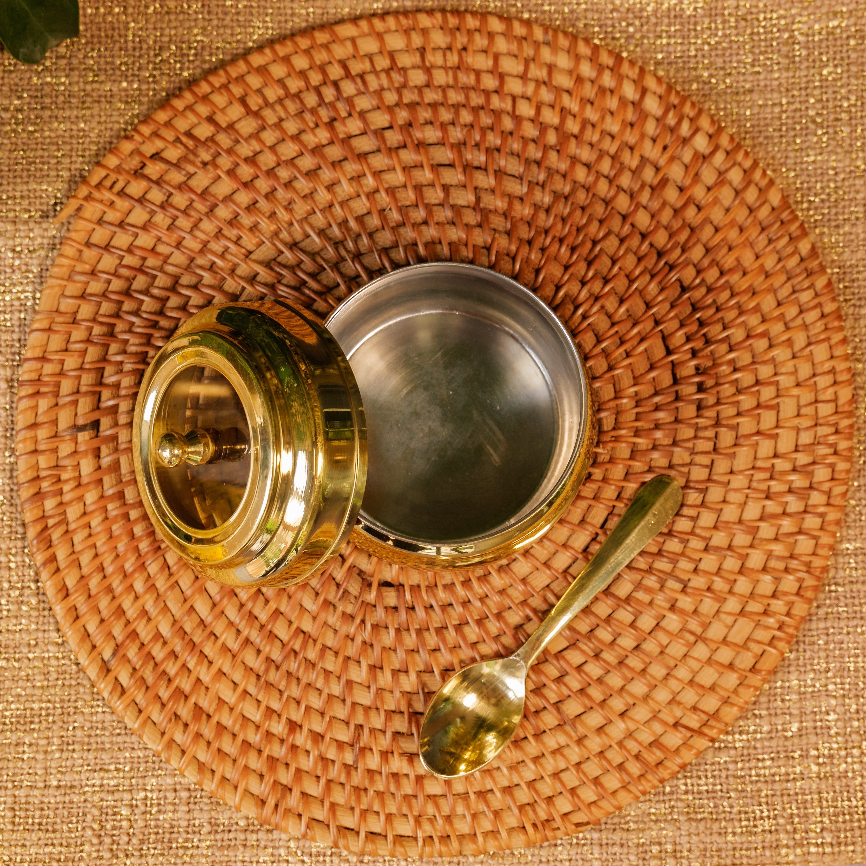 Pure Brass Ghee Pot With Spoon - Gold Finish / Transparent Top - 330 ML