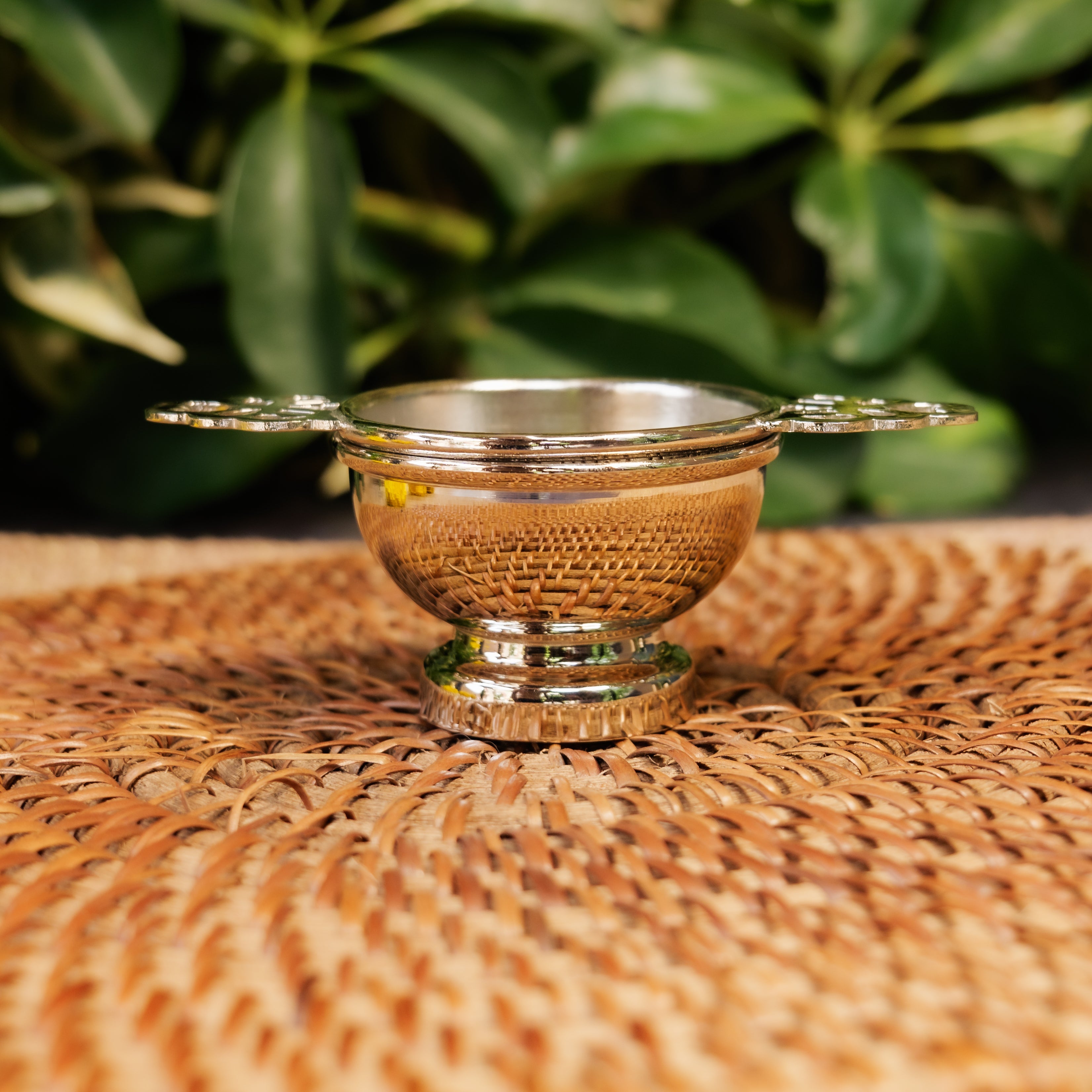 Double Punched Flower Brass Medium Sized Tea Strainer with Matte Finish and Resting Pot - Silver