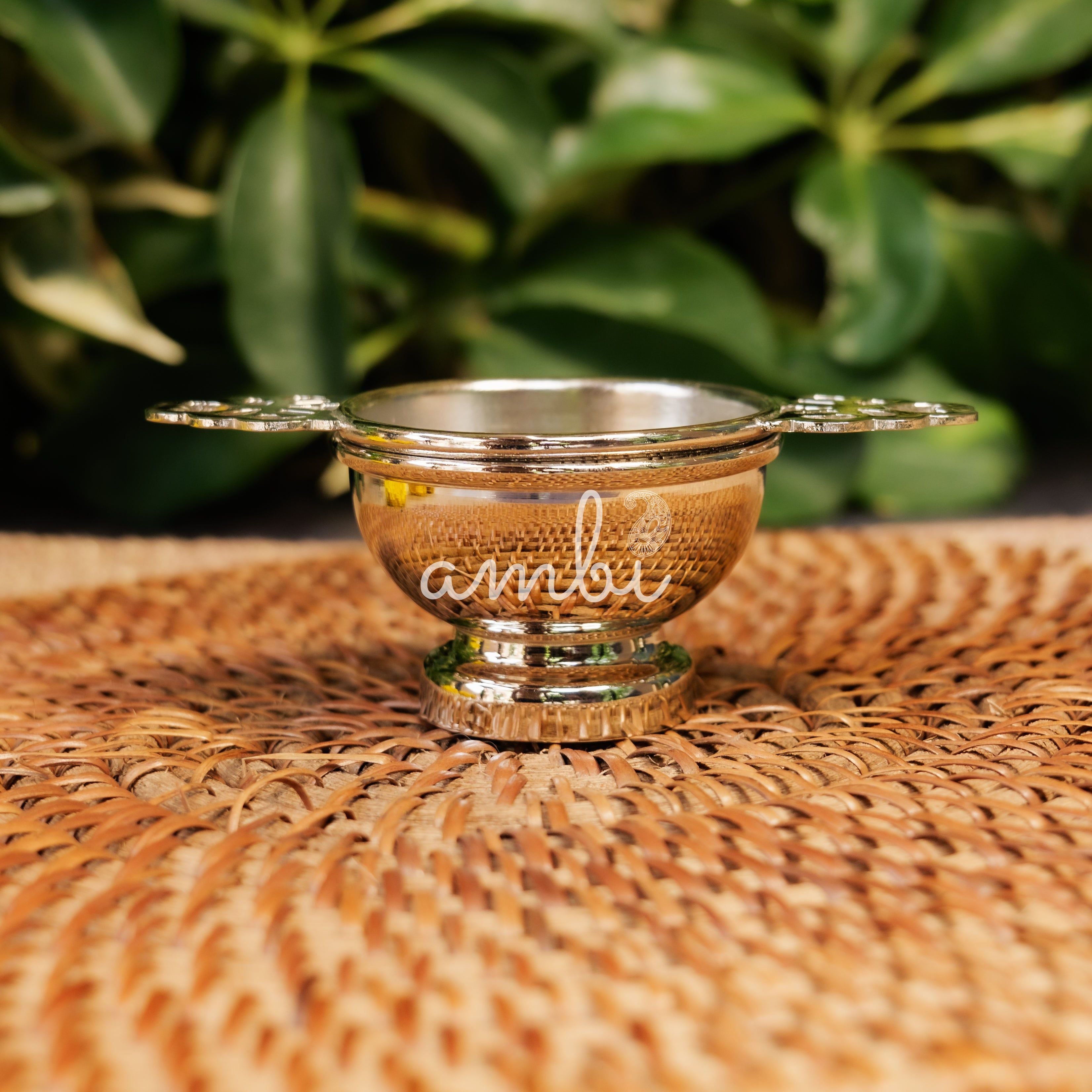 Double Punched Flower Brass Medium Sized Tea Strainer with Matte Finish and Resting Pot - Silver