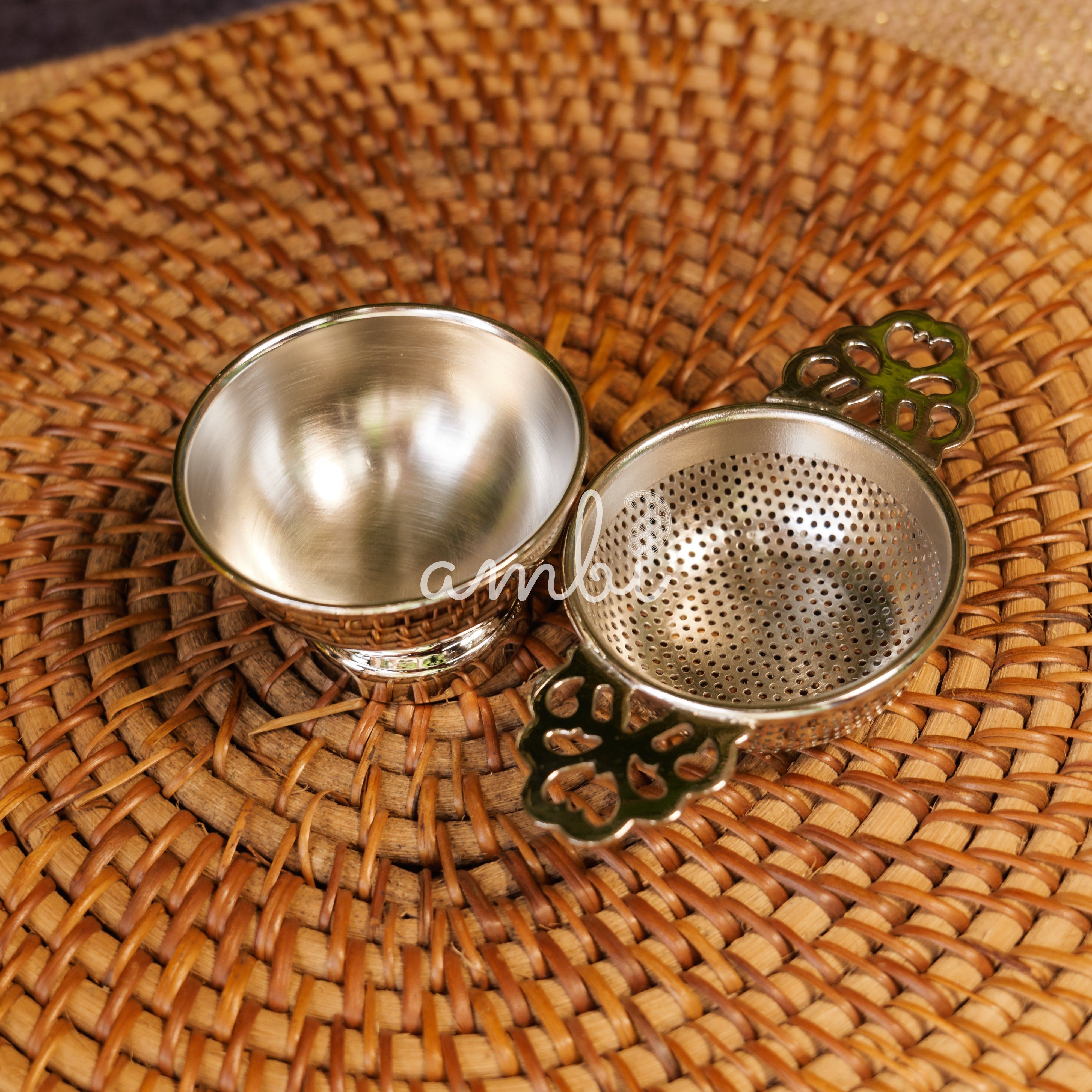 Double Punched Flower Brass Medium Sized Tea Strainer with Matte Finish and Resting Pot - Silver