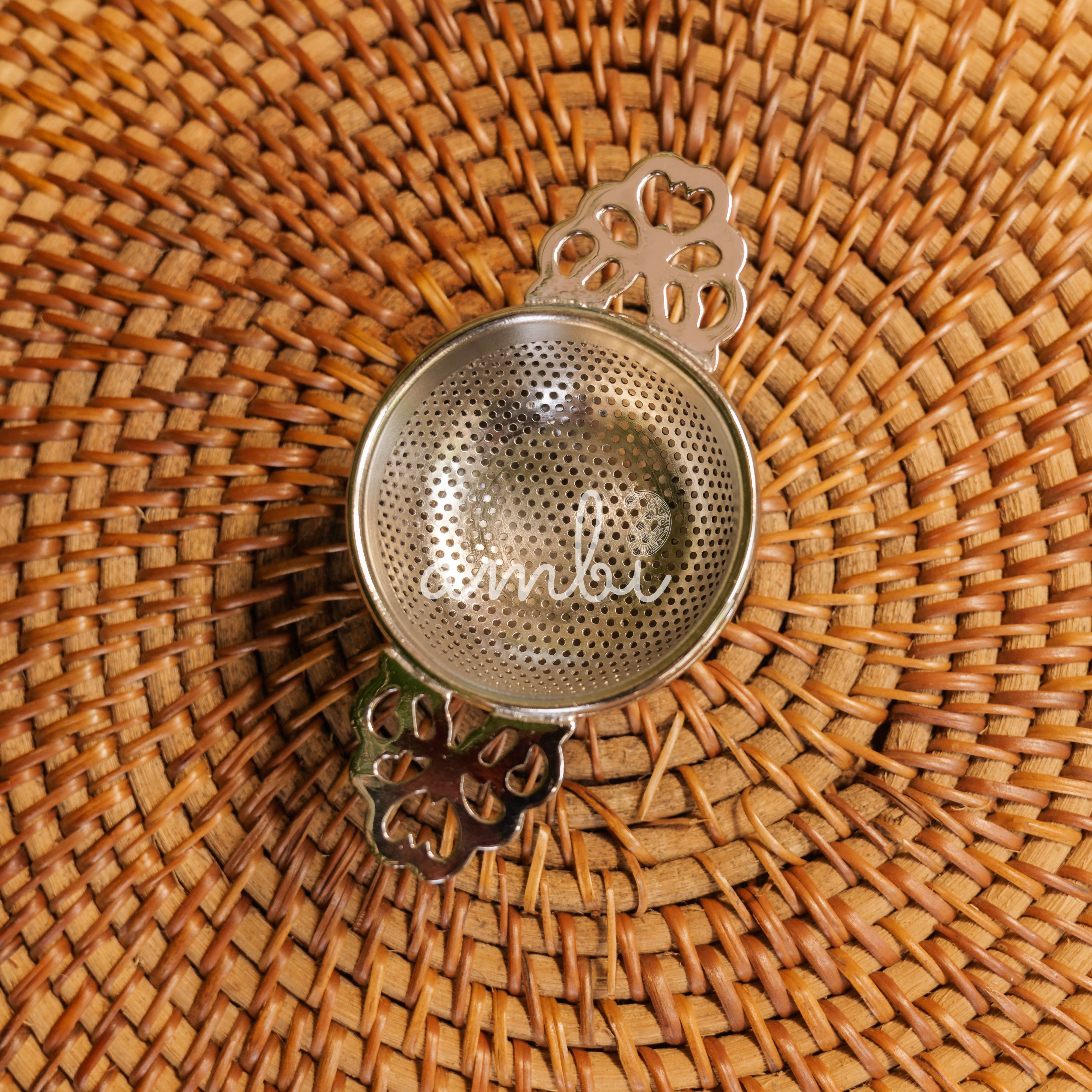 Double Punched Flower Brass Medium Sized Tea Strainer with Matte Finish and Resting Pot - Silver