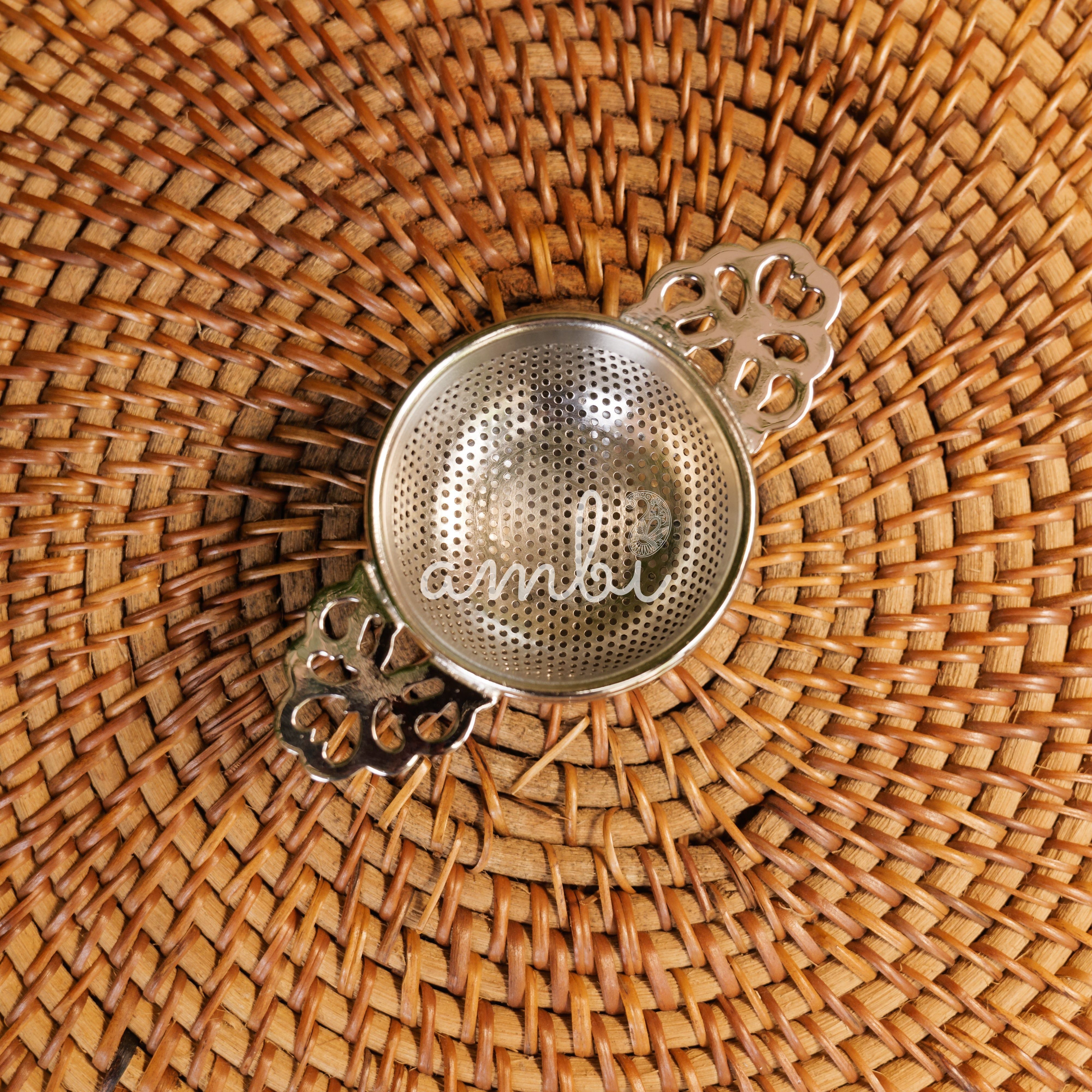 Double Punched Flower Brass Medium Sized Tea Strainer with Matte Finish and Resting Pot - Silver