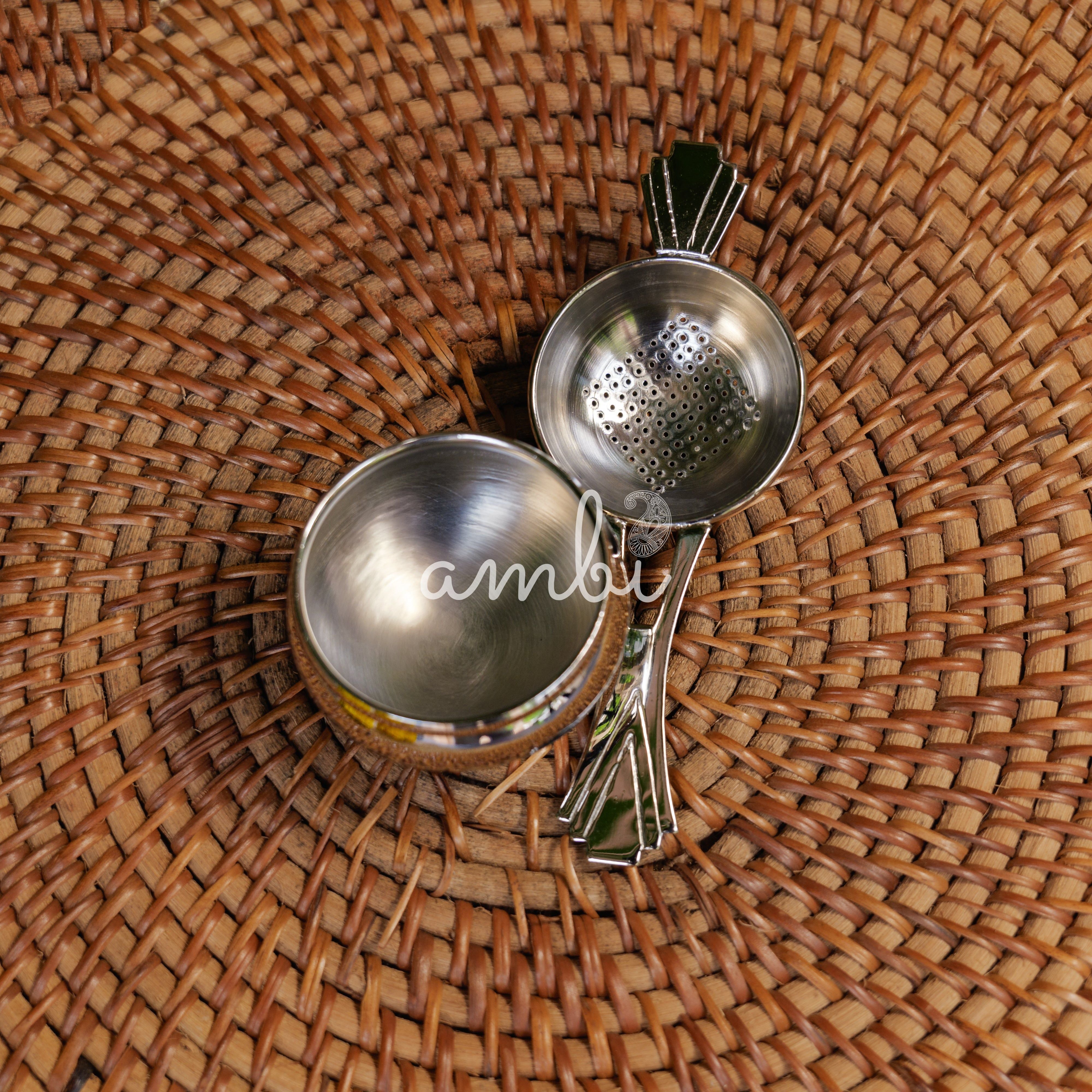 Victorian Style Brass Medium Sized Tea Strainer with Matte Finish and Resting Pot - Silver