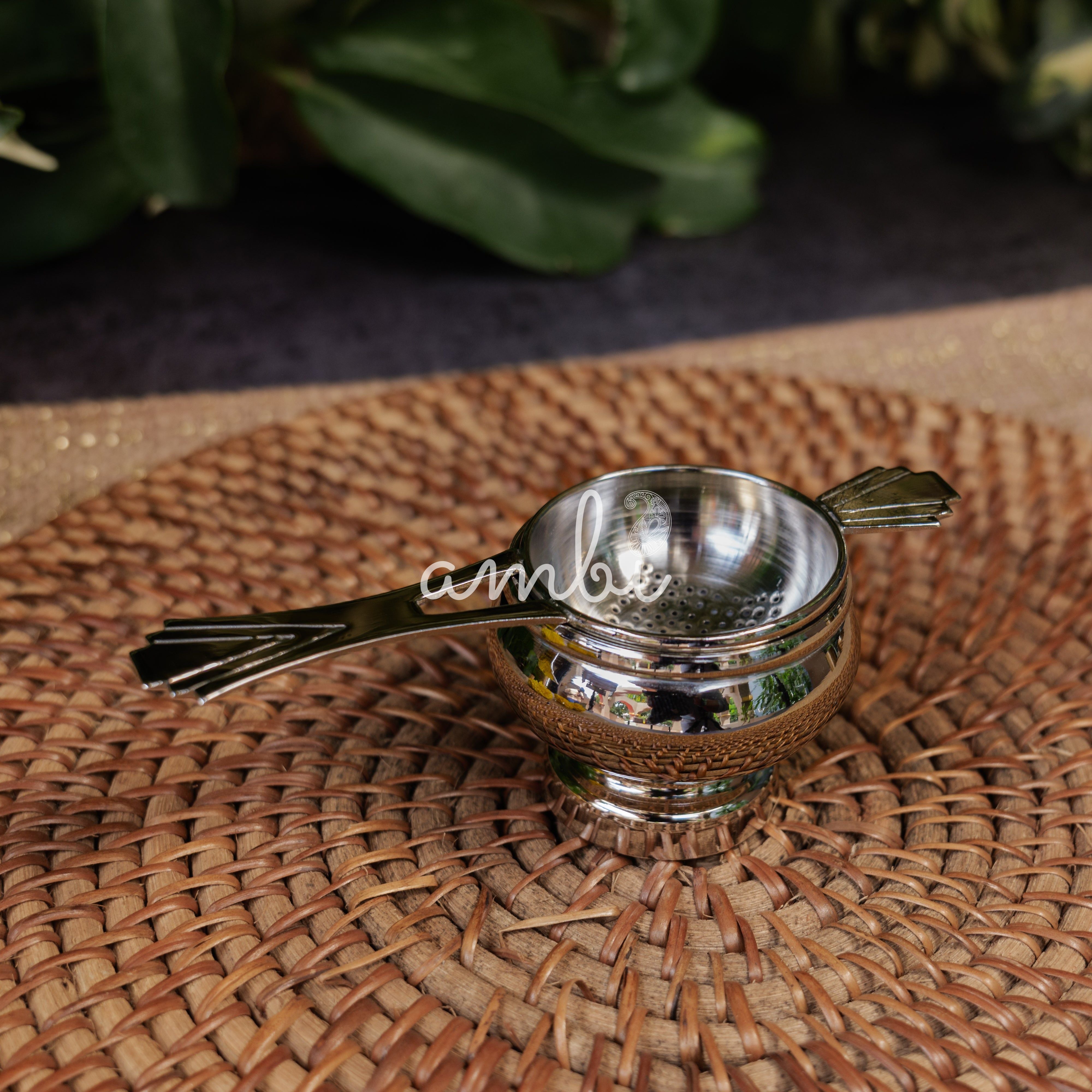 Victorian Style Brass Medium Sized Tea Strainer with Matte Finish and Resting Pot - Silver