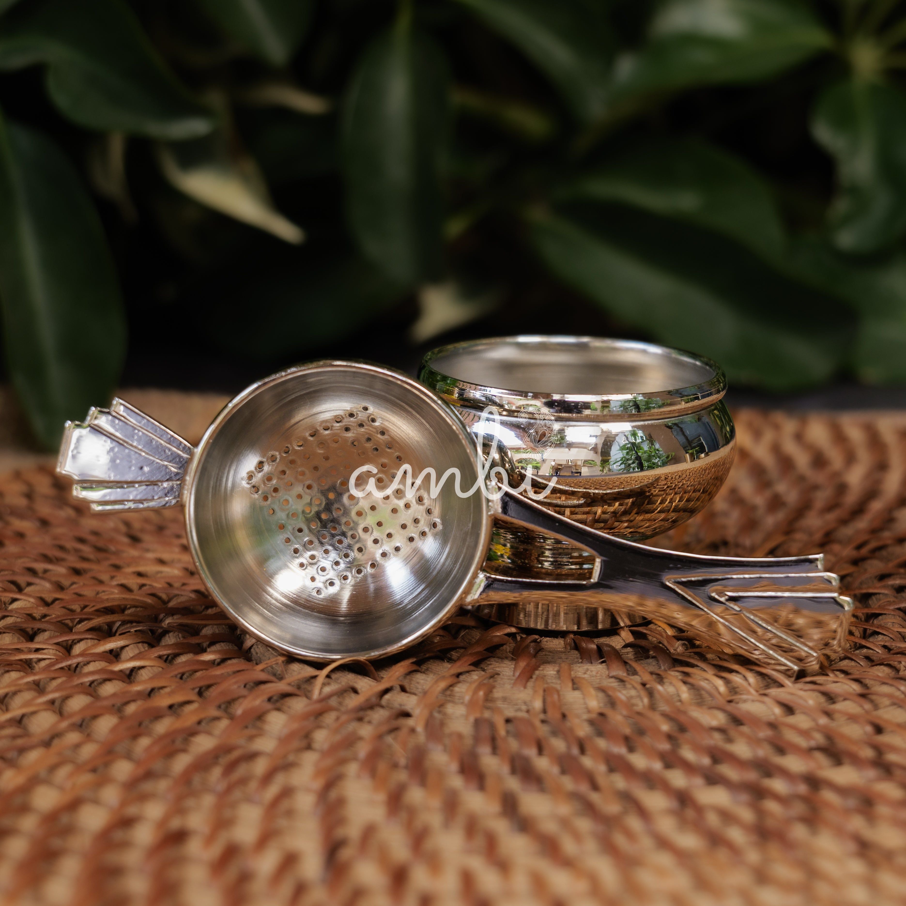 Victorian Style Brass Medium Sized Tea Strainer with Matte Finish and Resting Pot - Silver