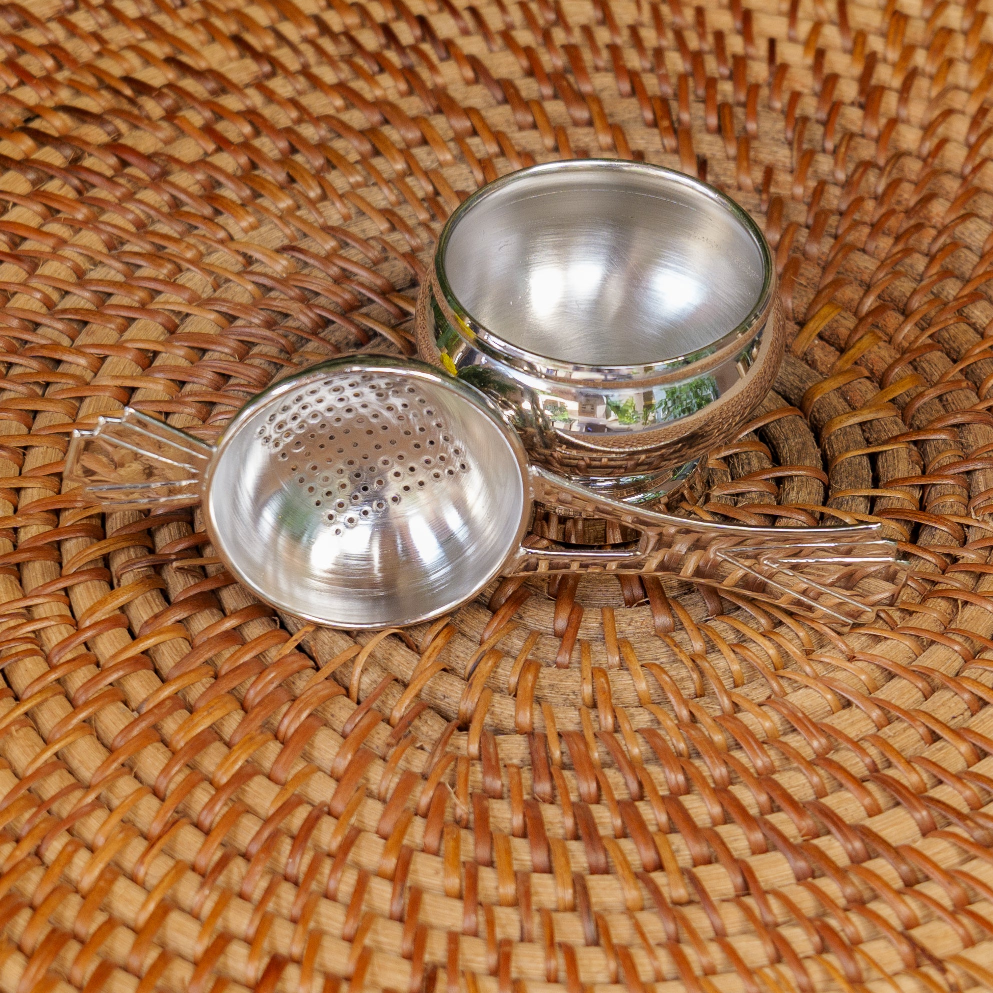 Victorian Style Brass Medium Sized Tea Strainer with Matte Finish and Resting Pot - Silver