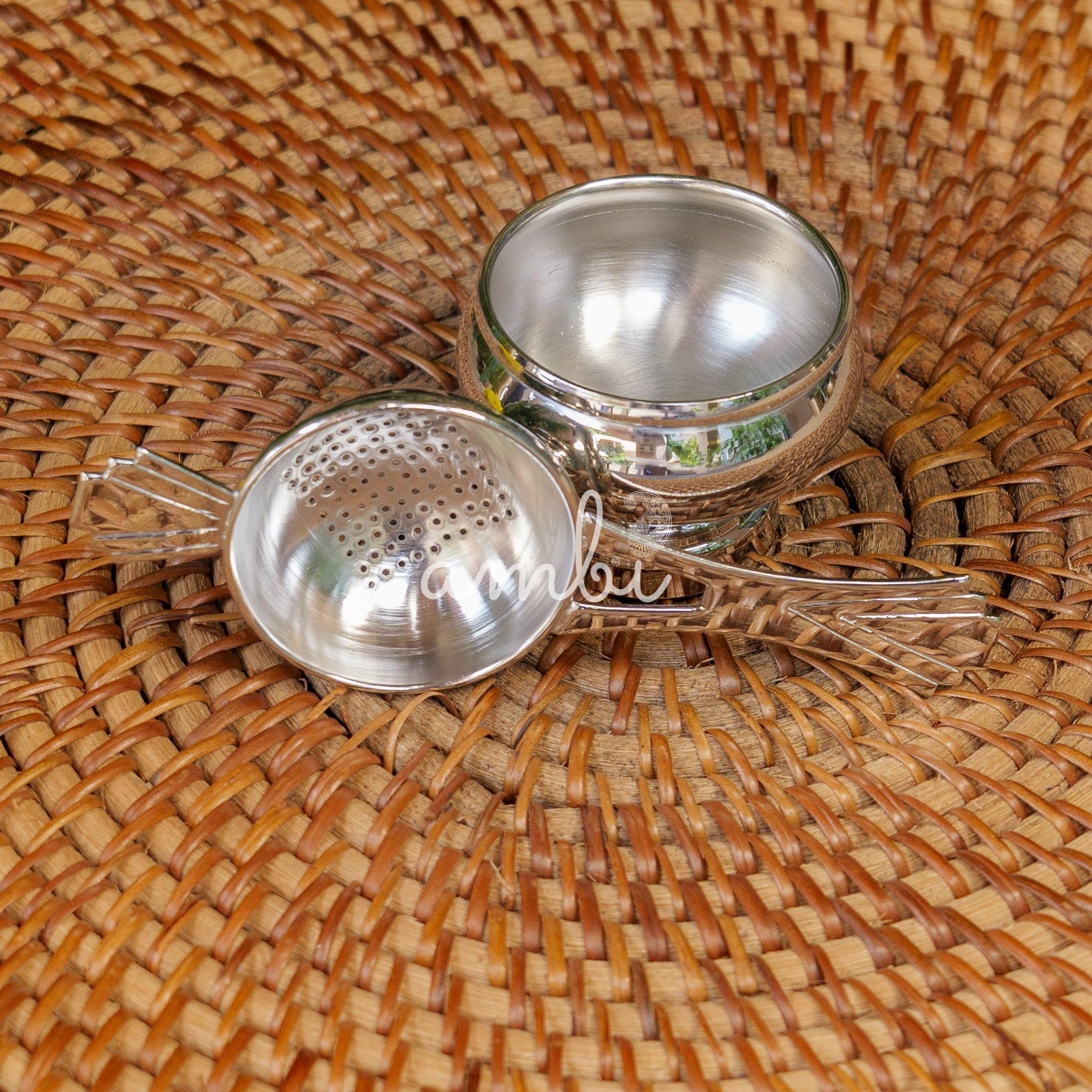 Victorian Style Brass Medium Sized Tea Strainer with Matte Finish and Resting Pot - Silver