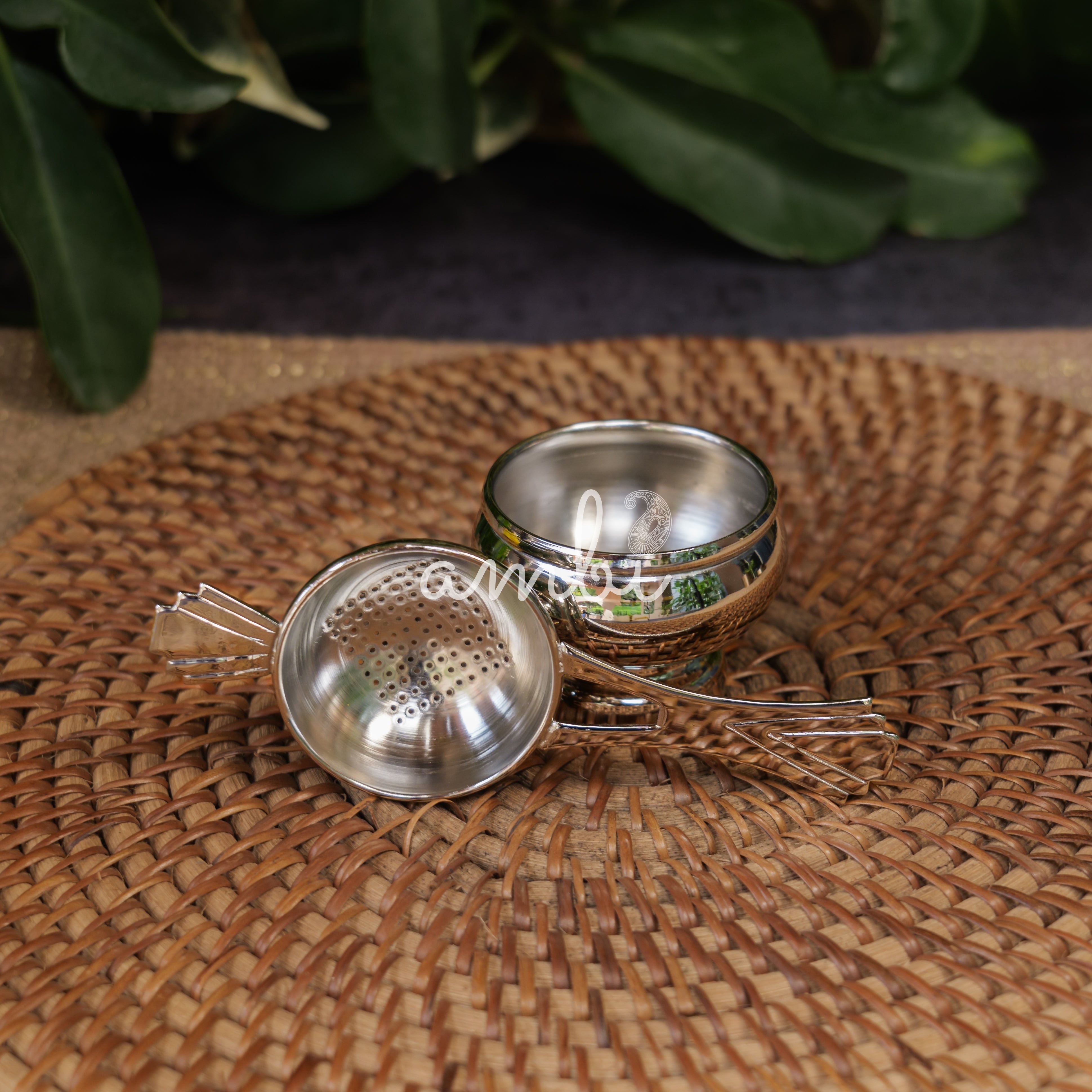 Victorian Style Brass Medium Sized Tea Strainer with Matte Finish and Resting Pot - Silver