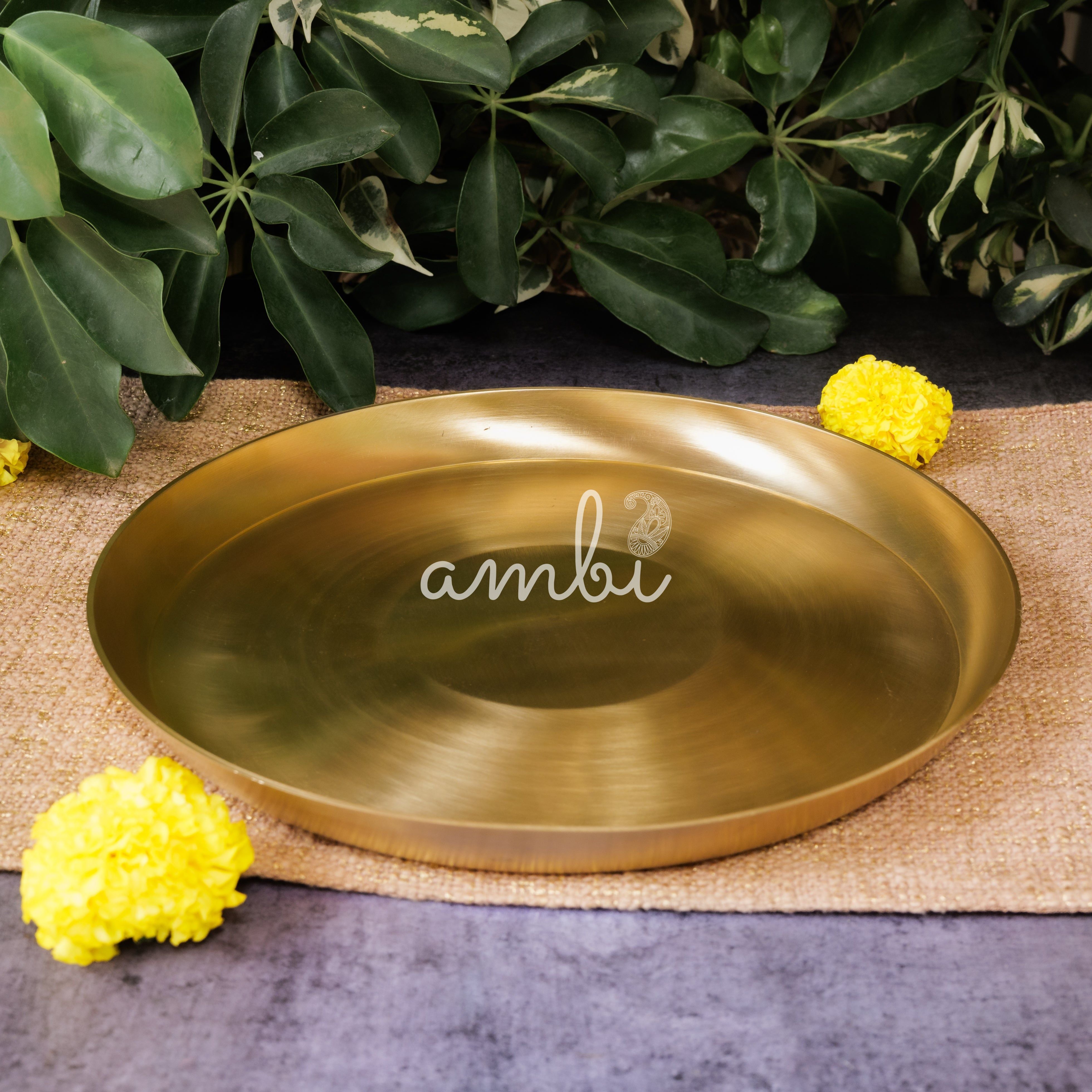 AMBI 100% Pure Brass Regular Dining Plate / Thali / Pooja Plate - 12 inches 1kg Curved Edge
