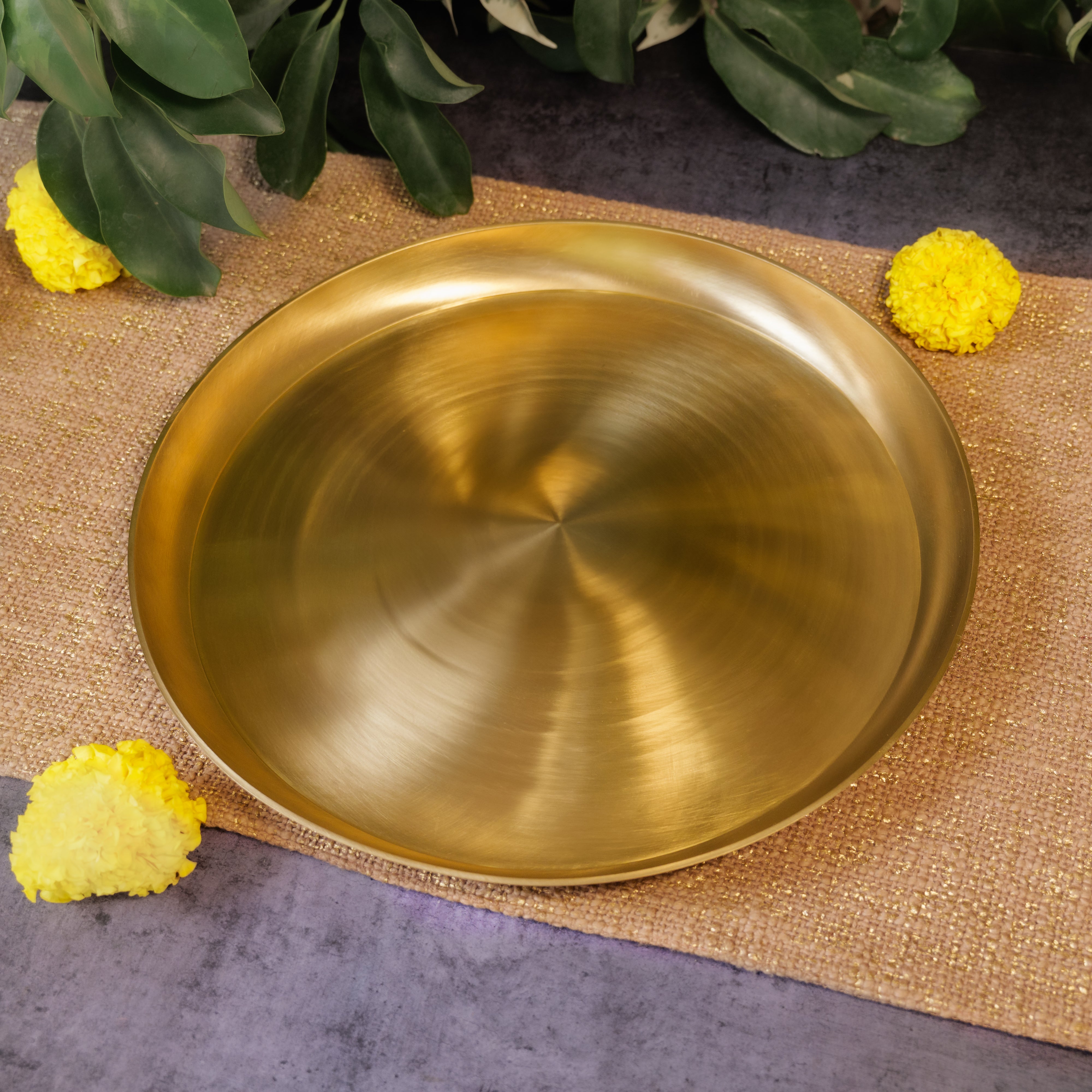AMBI 100% Pure Brass Regular Dining Plate / Thali / Pooja Plate - 12 inches 1kg Curved Edge