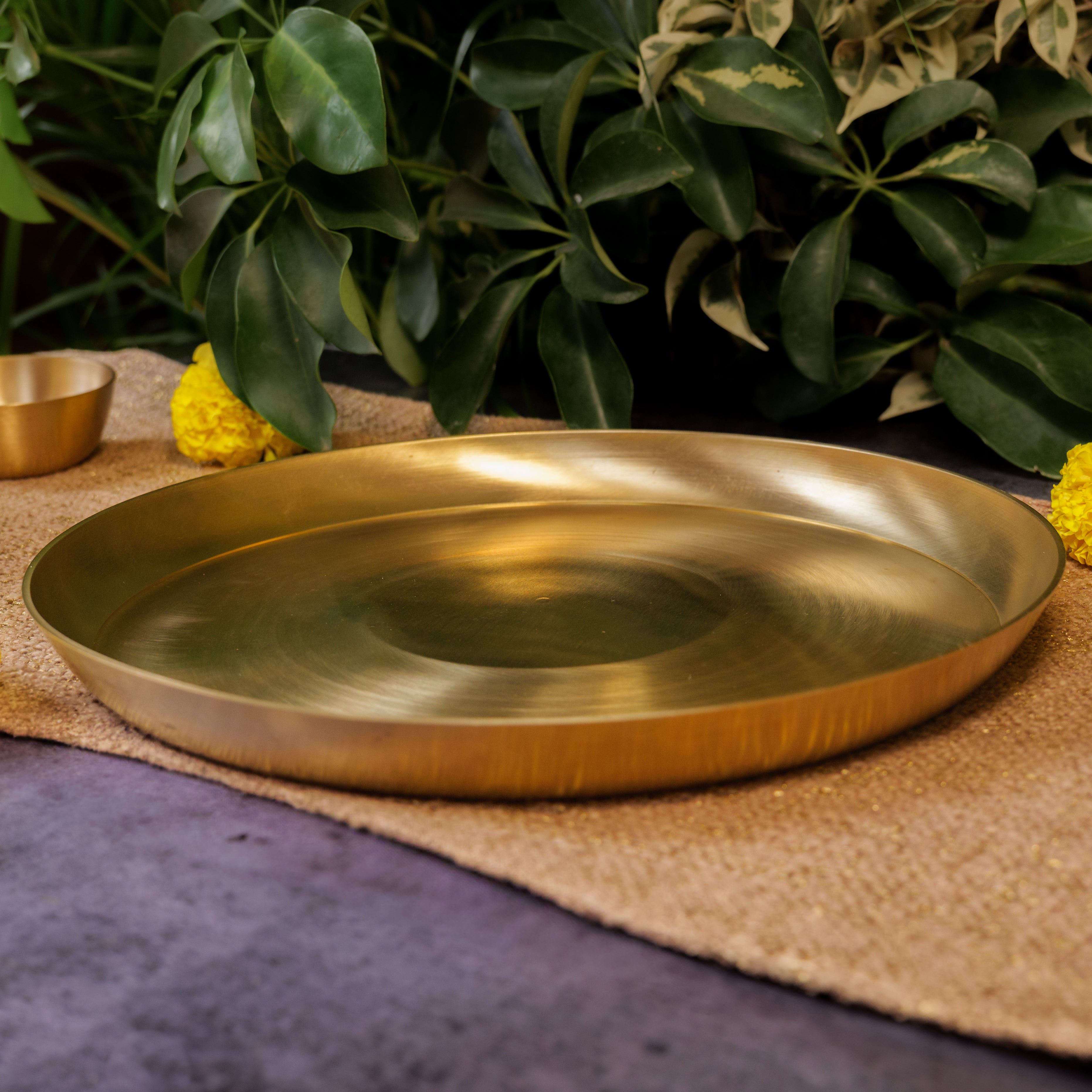 AMBI 100% Pure Brass Regular Dining Plate / Thali / Pooja Plate - 12 inches 1kg Curved Edge