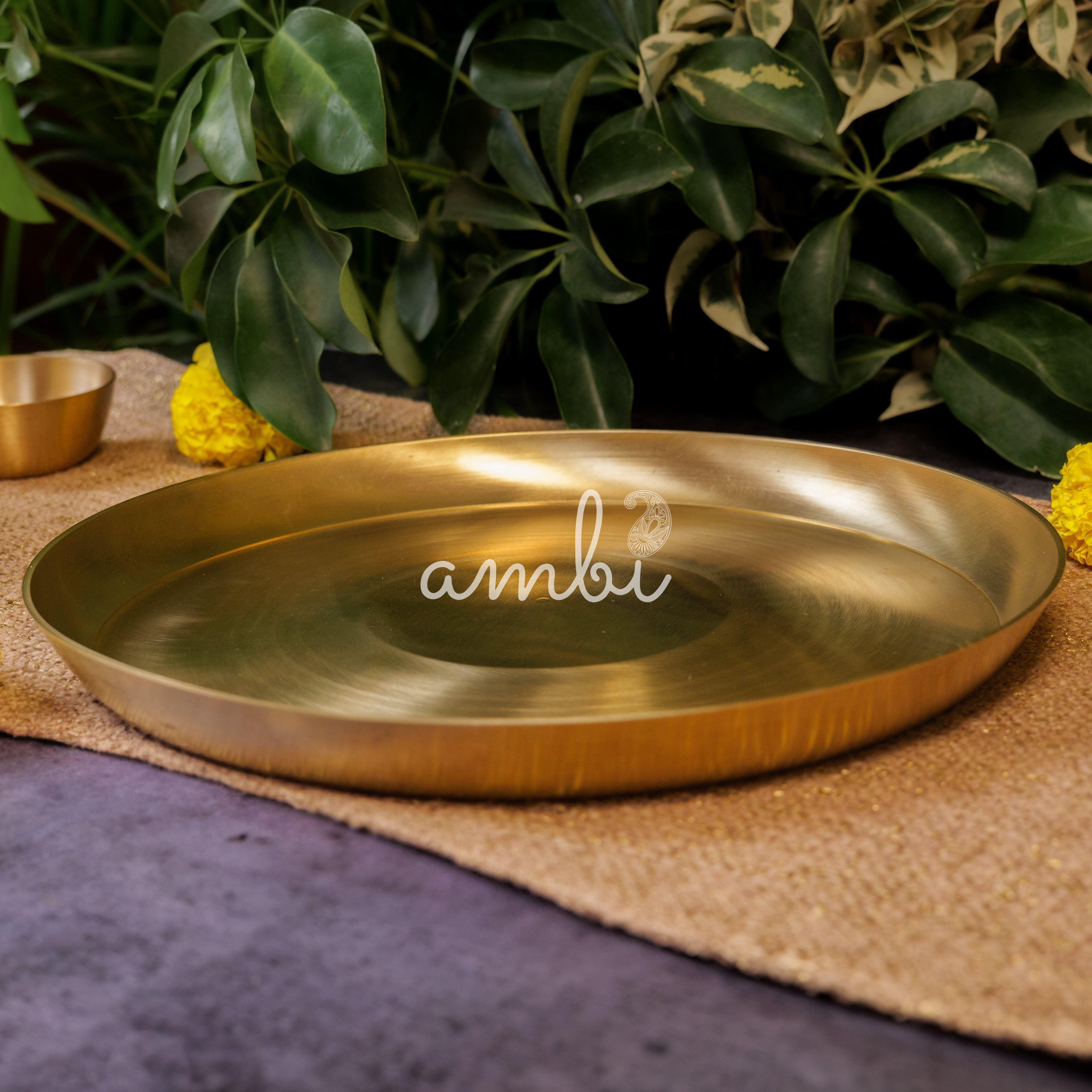 AMBI 100% Pure Brass Regular Dining Plate / Thali / Pooja Plate - 12 inches 1kg Curved Edge