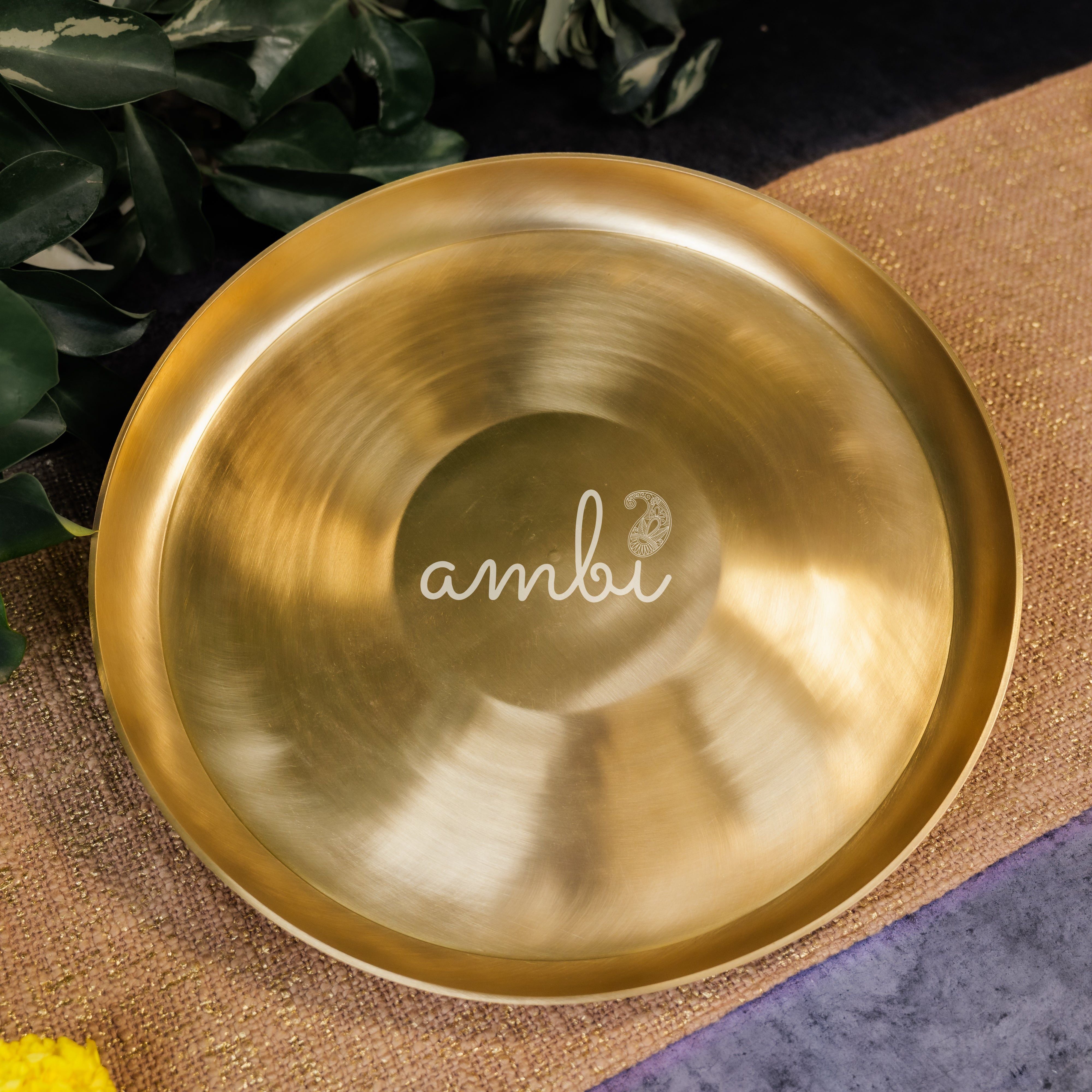 AMBI 100% Pure Brass Regular Dining Plate / Thali / Pooja Plate - 12 inches 1kg Curved Edge