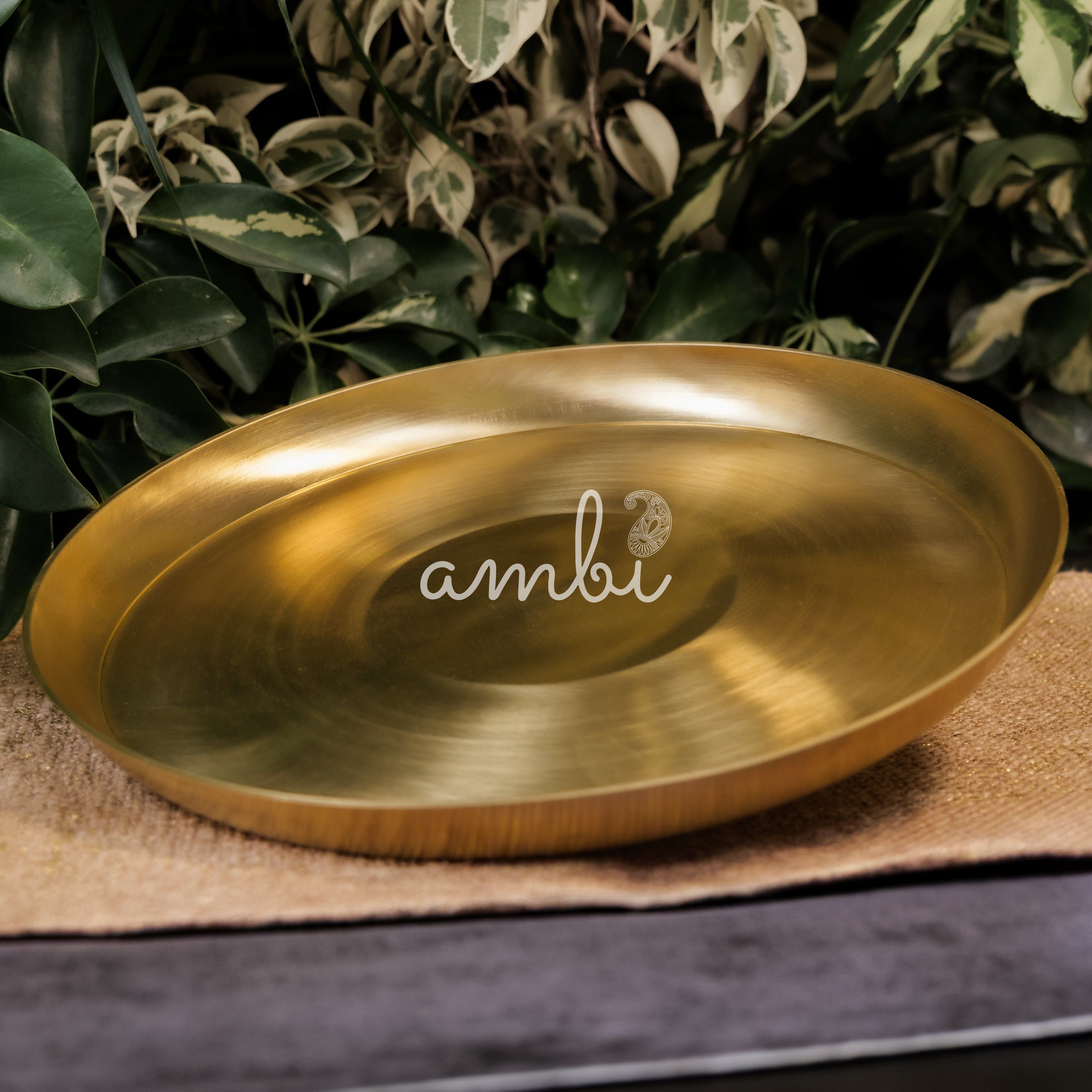 AMBI 100% Pure Brass Regular Dining Plate / Thali / Pooja Plate - 12 inches 1kg Curved Edge