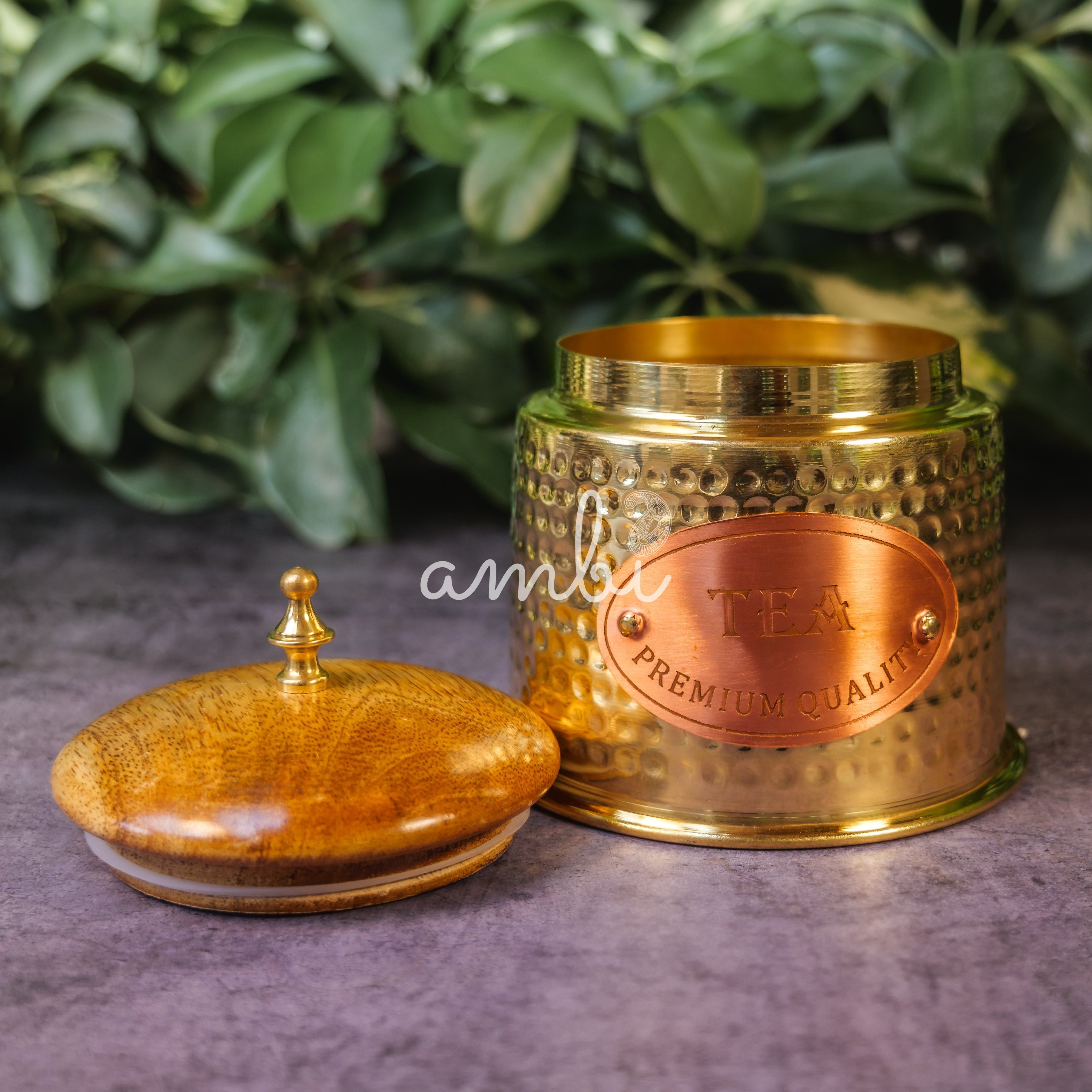 Tea Jar - Pure Brass Hammered Jar Storage container - Small - Wood Lid