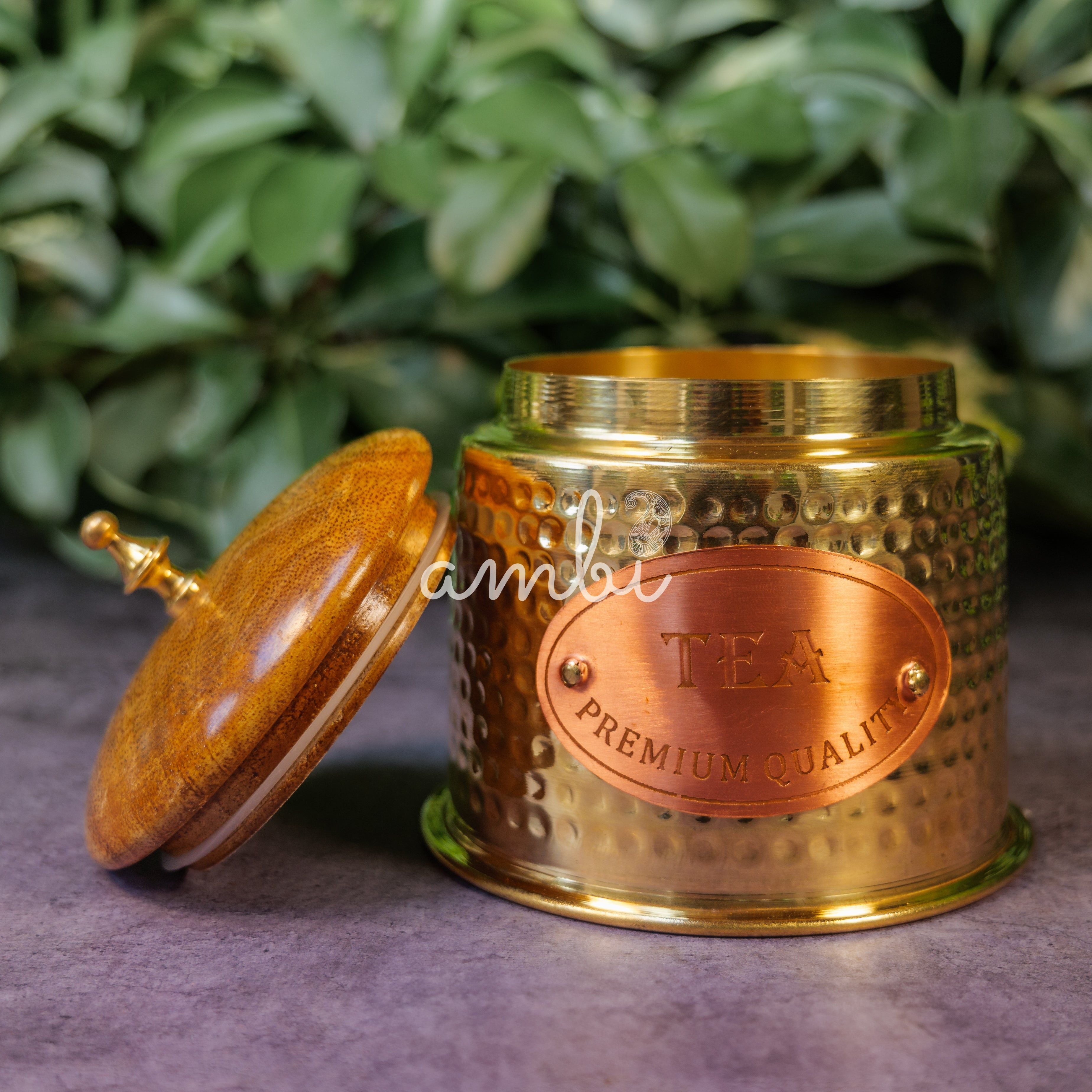 Tea Jar - Pure Brass Hammered Jar Storage container - Small - Wood Lid