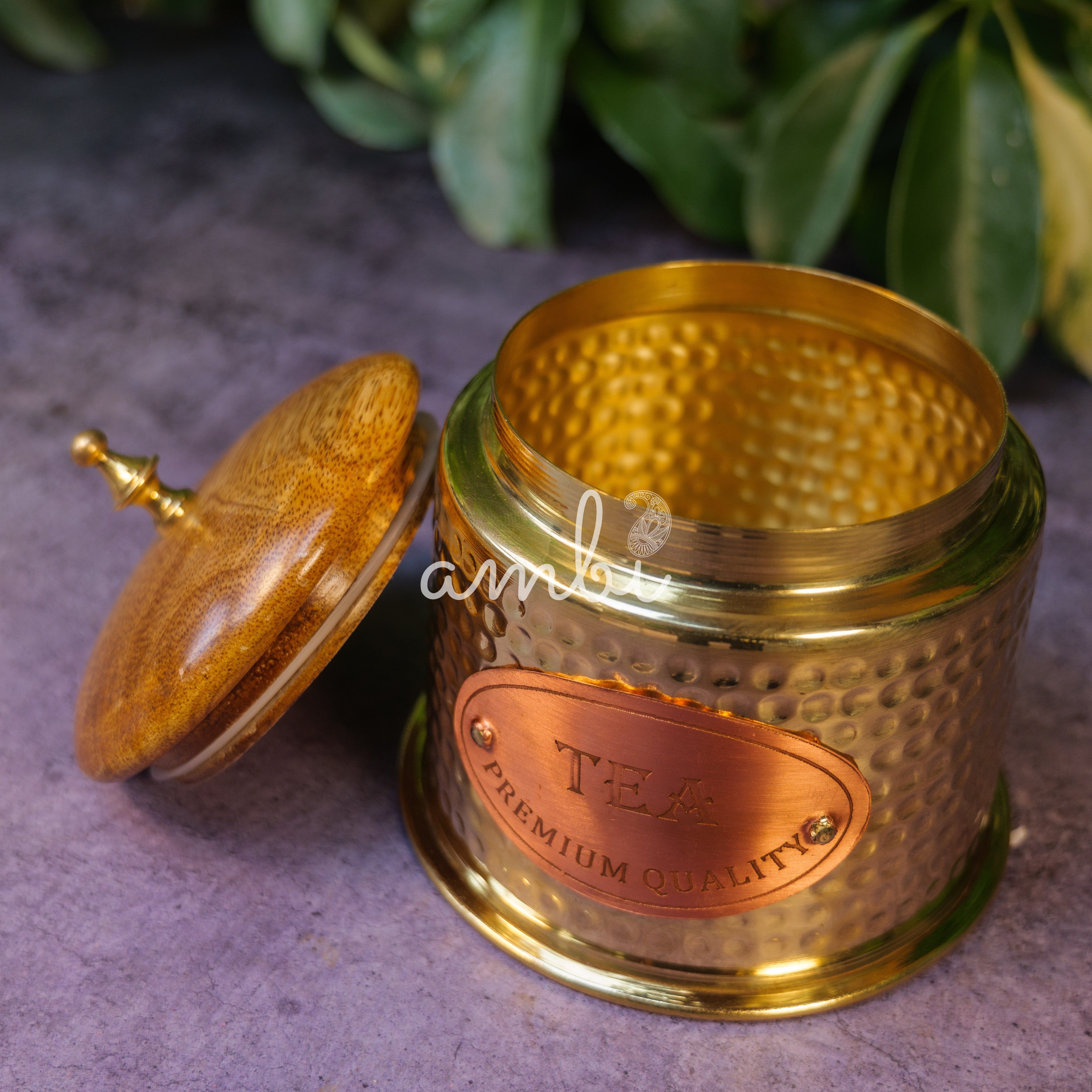 Tea Jar - Pure Brass Hammered Jar Storage container - Small - Wood Lid