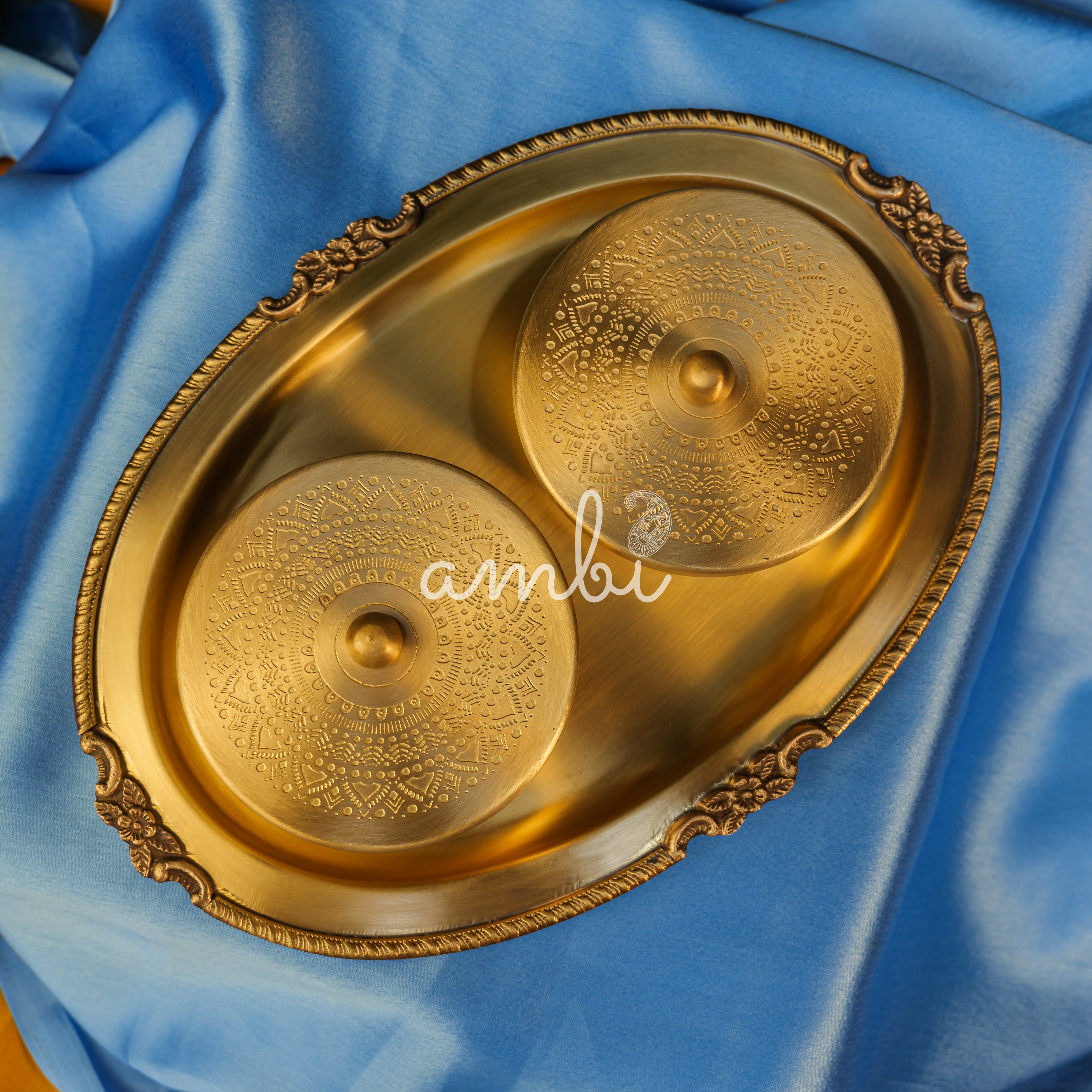Ambi Pure Brass Inlay Spice / Nut Storage Boxes Serving Tray - 3 pcs set - Mandala Design