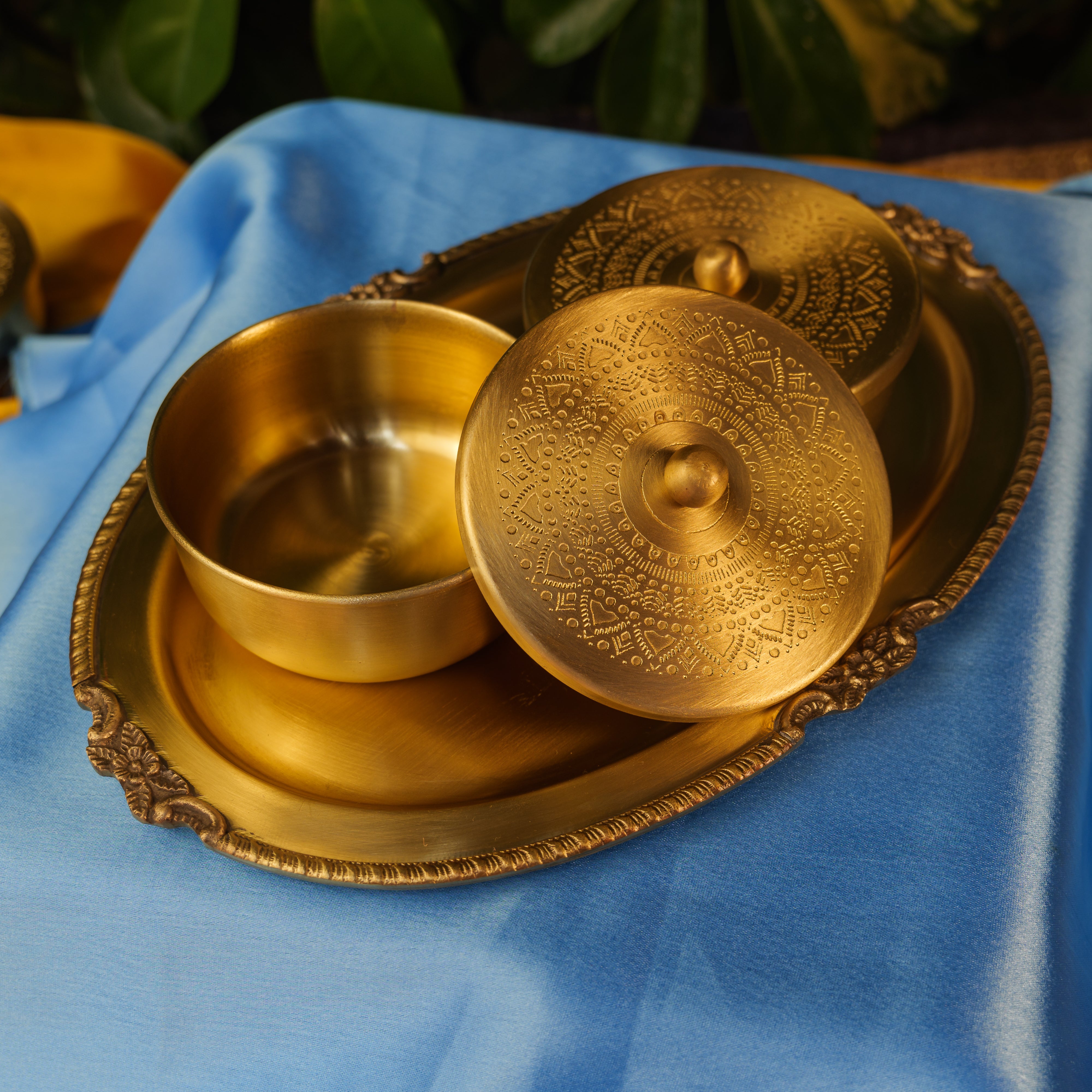 Ambi Pure Brass Inlay Spice / Nut Storage Boxes Serving Tray - 3 pcs set - Mandala Design