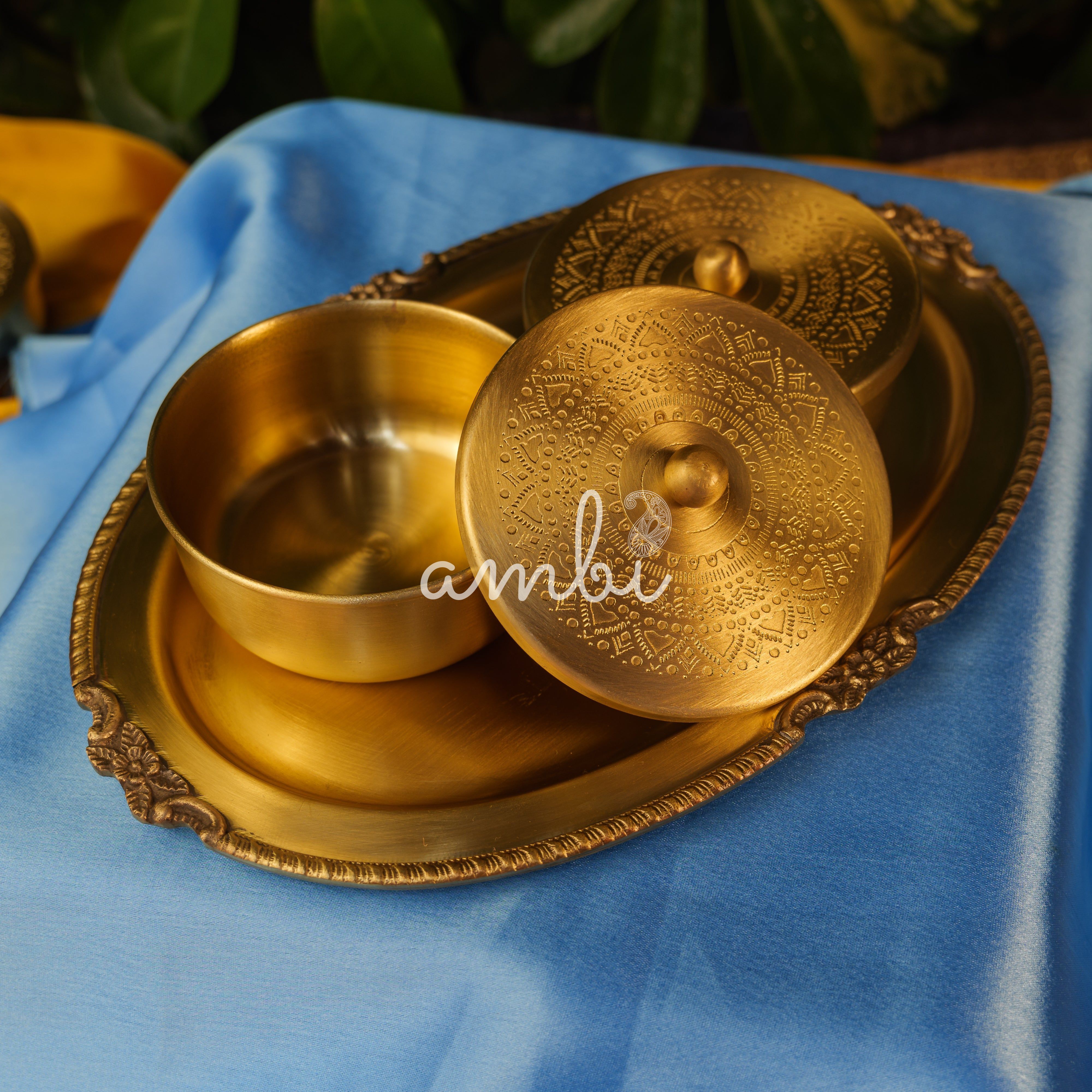 Ambi Pure Brass Inlay Spice / Nut Storage Boxes Serving Tray - 3 pcs set - Mandala Design