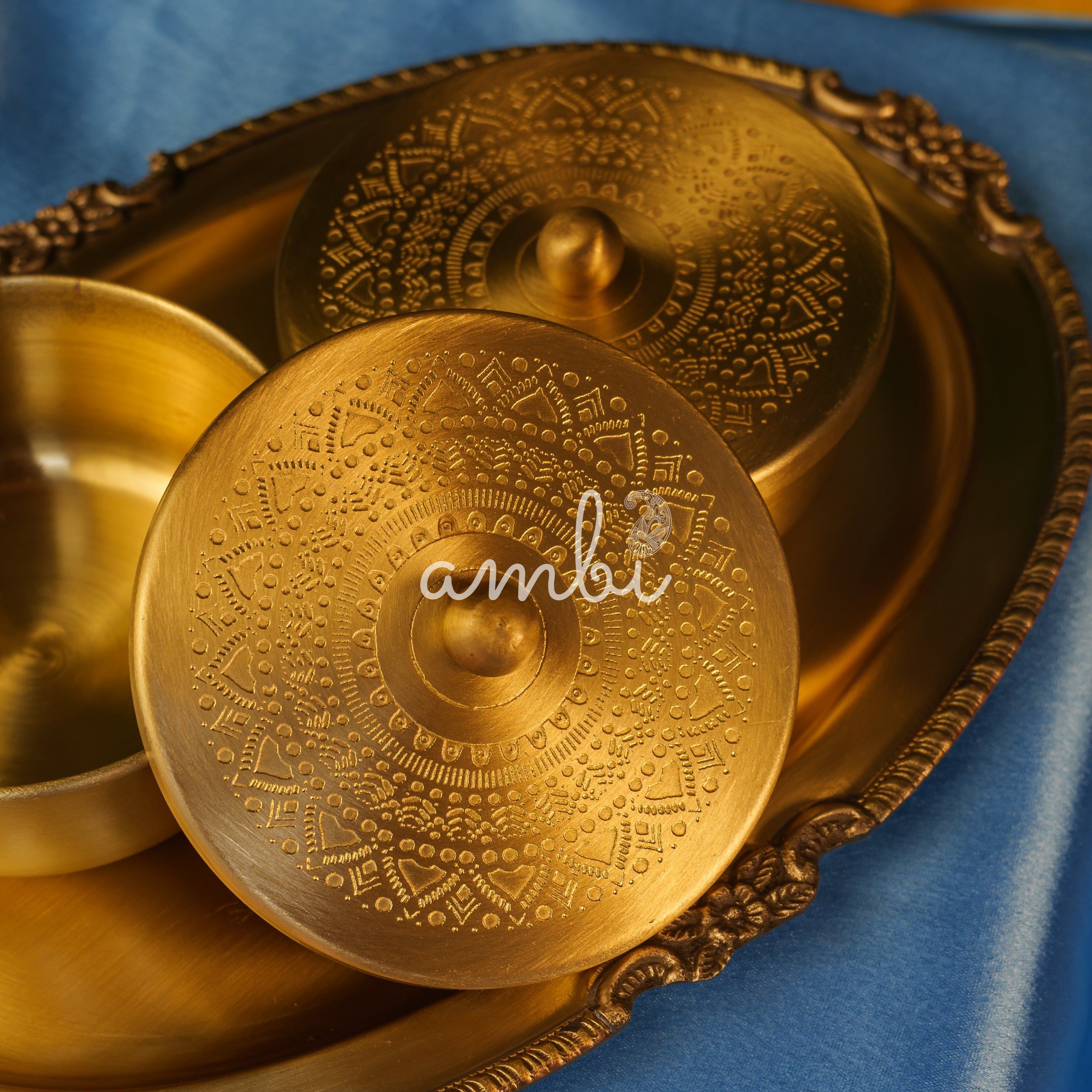 Ambi Pure Brass Inlay Spice / Nut Storage Boxes Serving Tray - 3 pcs set - Mandala Design