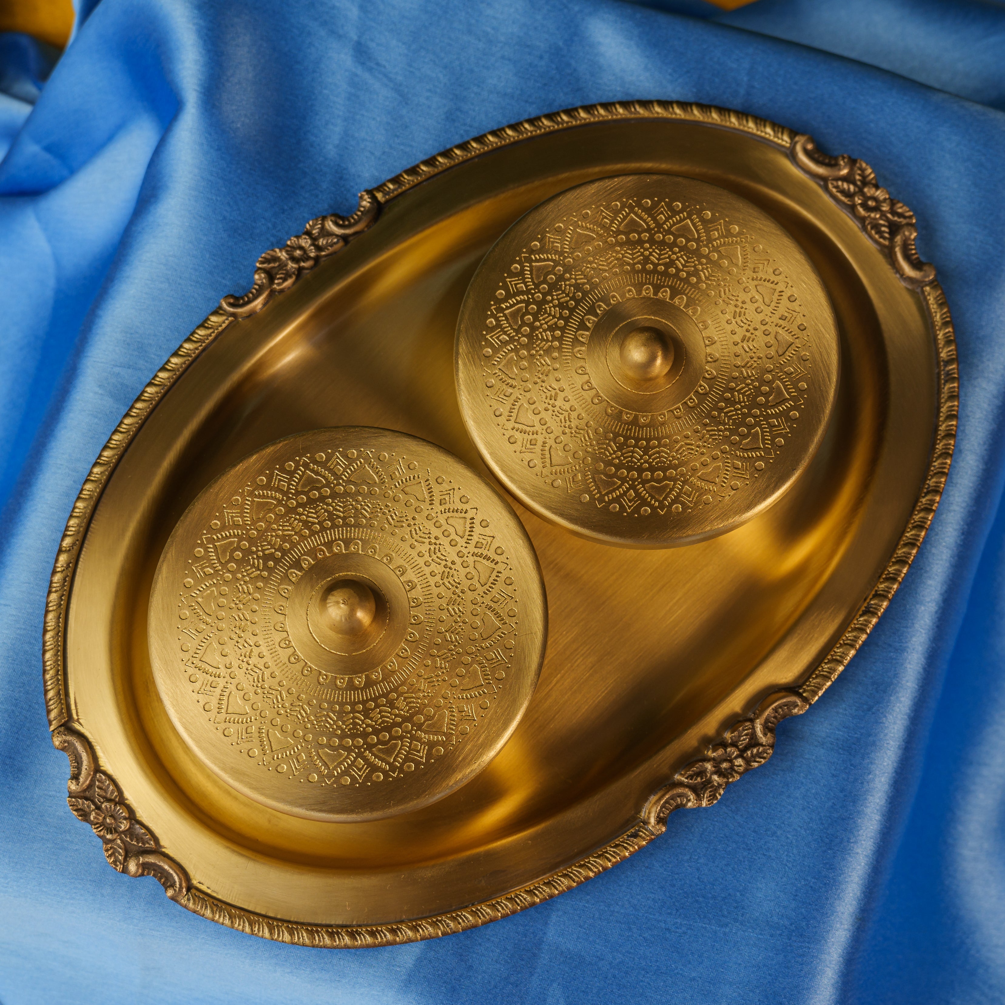 Ambi Pure Brass Inlay Spice / Nut Storage Boxes Serving Tray - 3 pcs set - Mandala Design