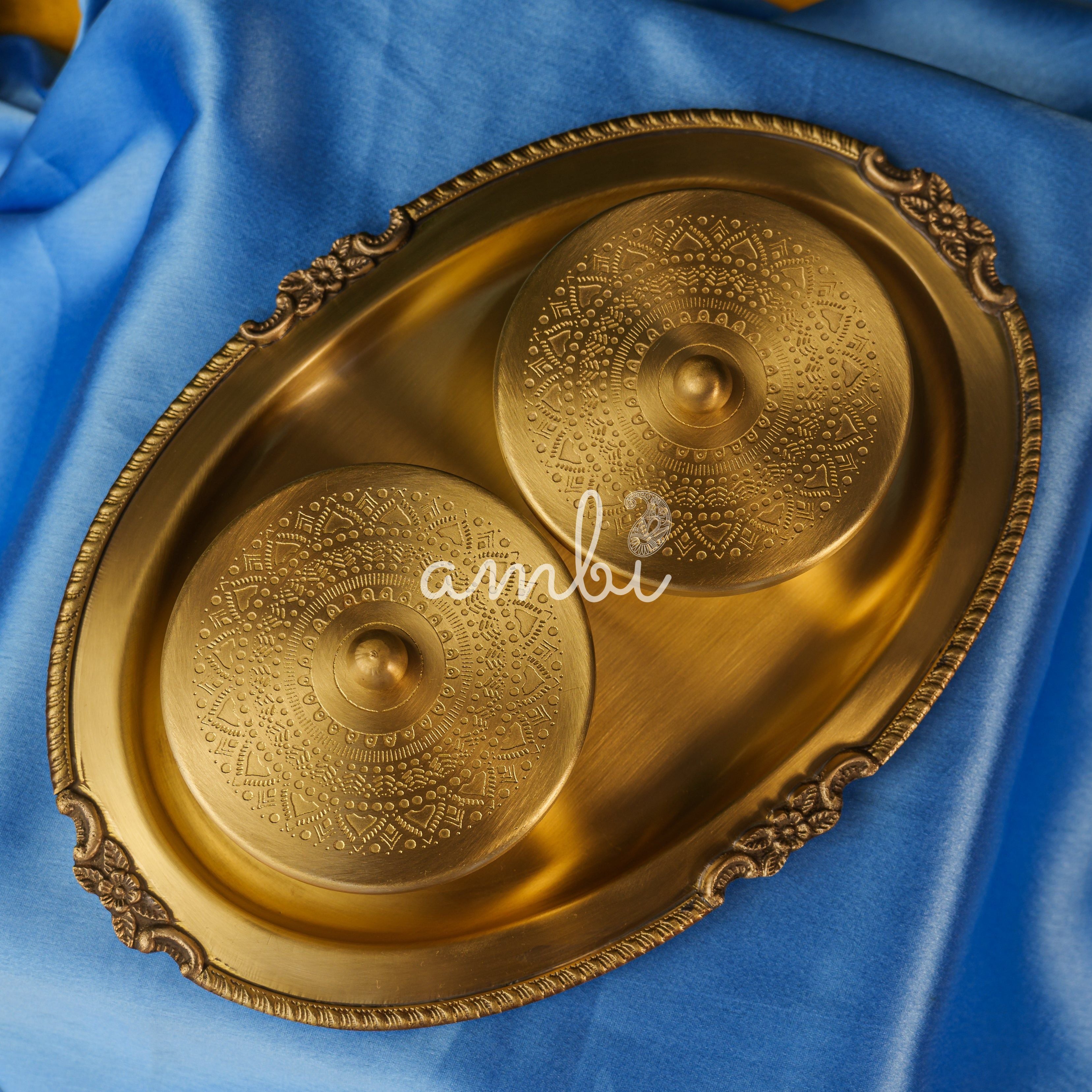 Ambi Pure Brass Inlay Spice / Nut Storage Boxes Serving Tray - 3 pcs set - Mandala Design