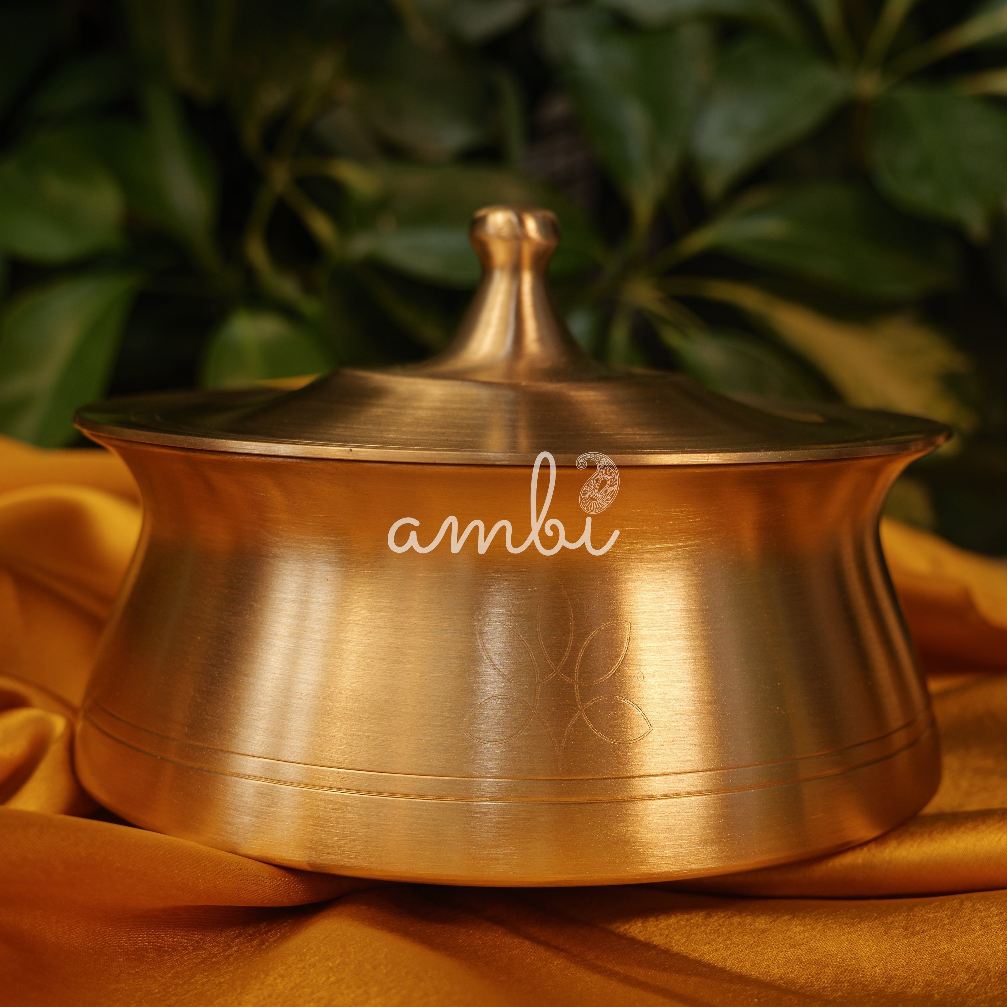 Modern Conical Shapes Laser Etched Pure 100% Lead Free Kansa Serving Bowl Handi with Heavy Lid - Large -2.0 L