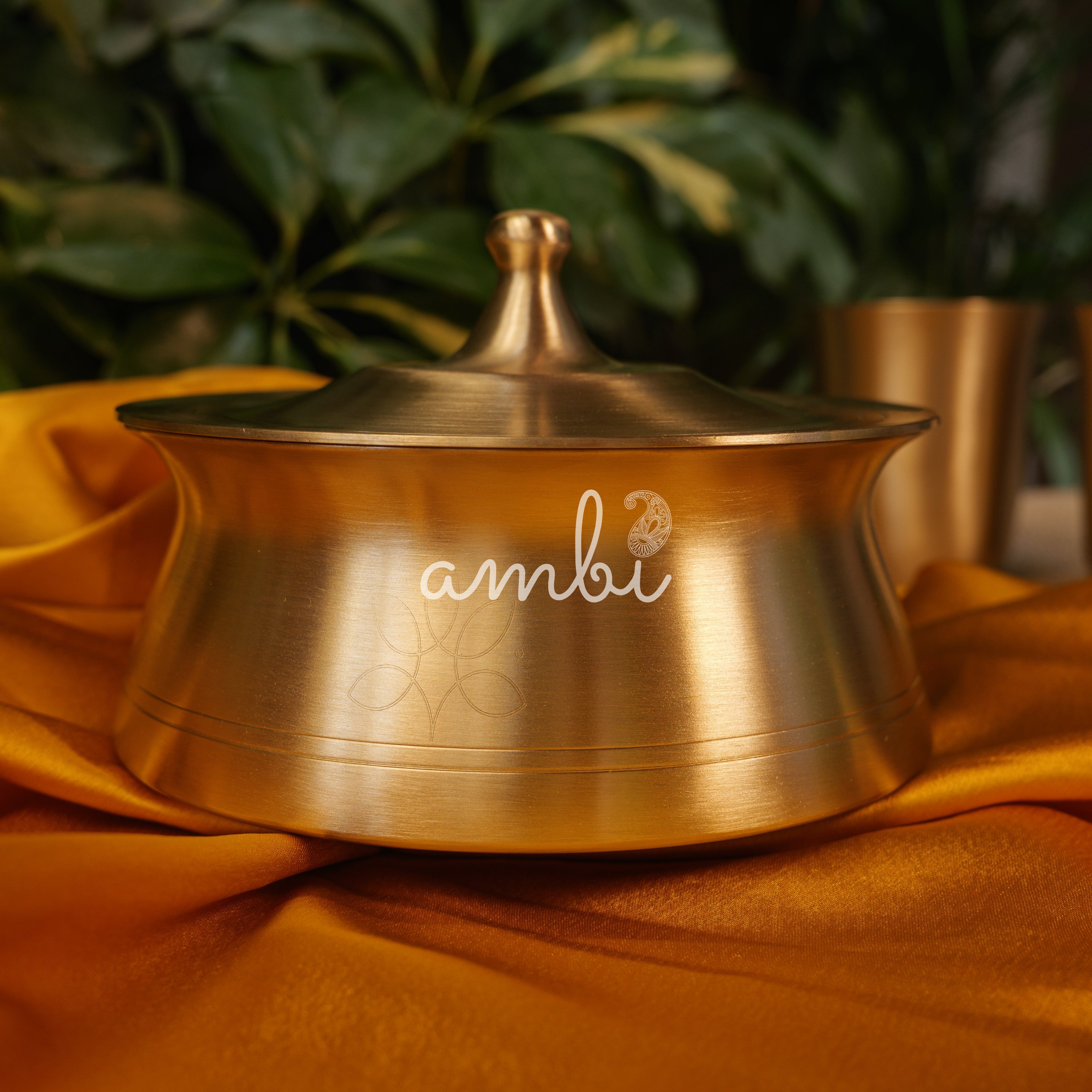 Modern Conical Shapes Laser Etched Pure 100% Lead Free Kansa Serving Bowl Handi with Heavy Lid - Large -2.0 L