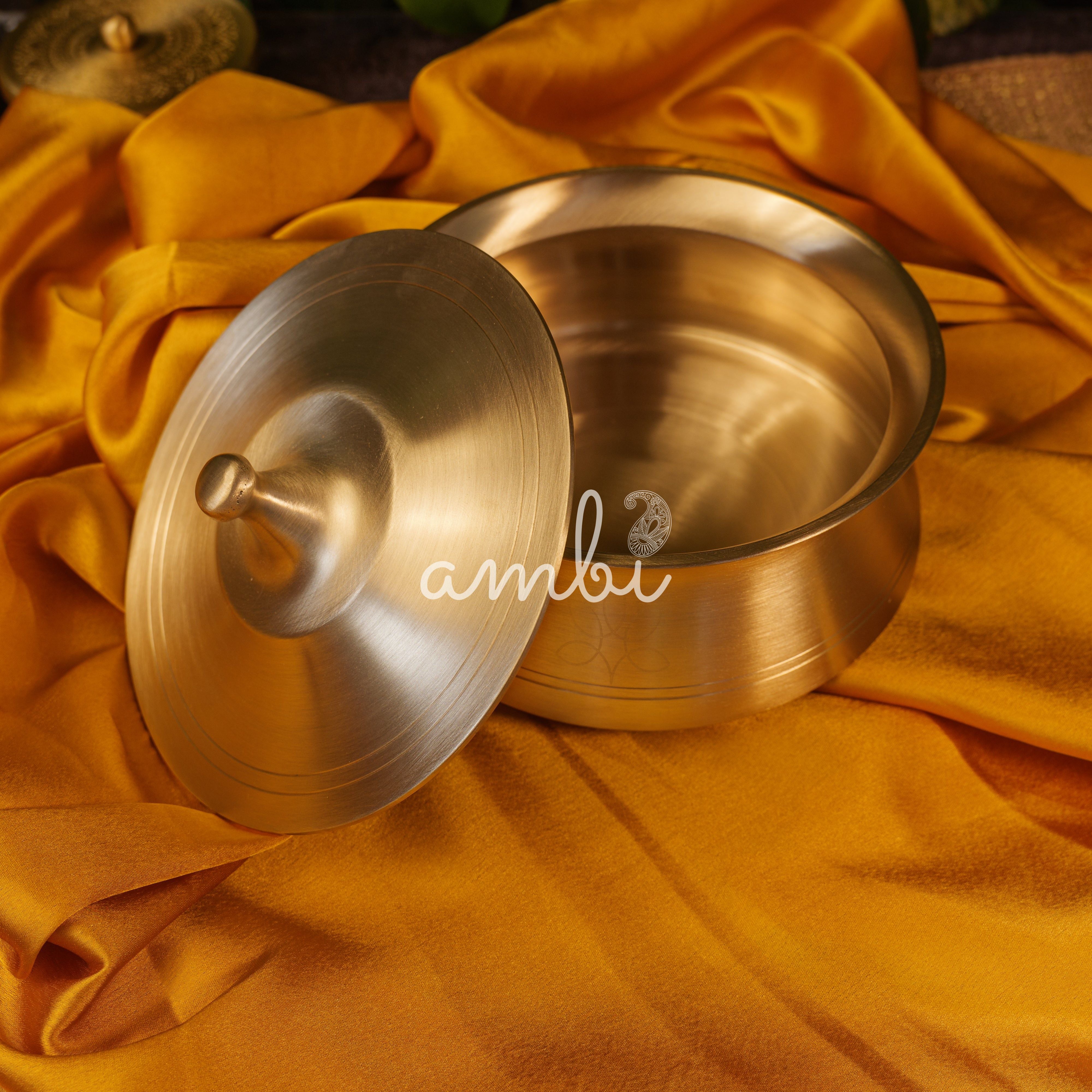 Modern Conical Shapes Laser Etched Pure 100% Lead Free Kansa Serving Bowl Handi with Heavy Lid - Large -2.0 L