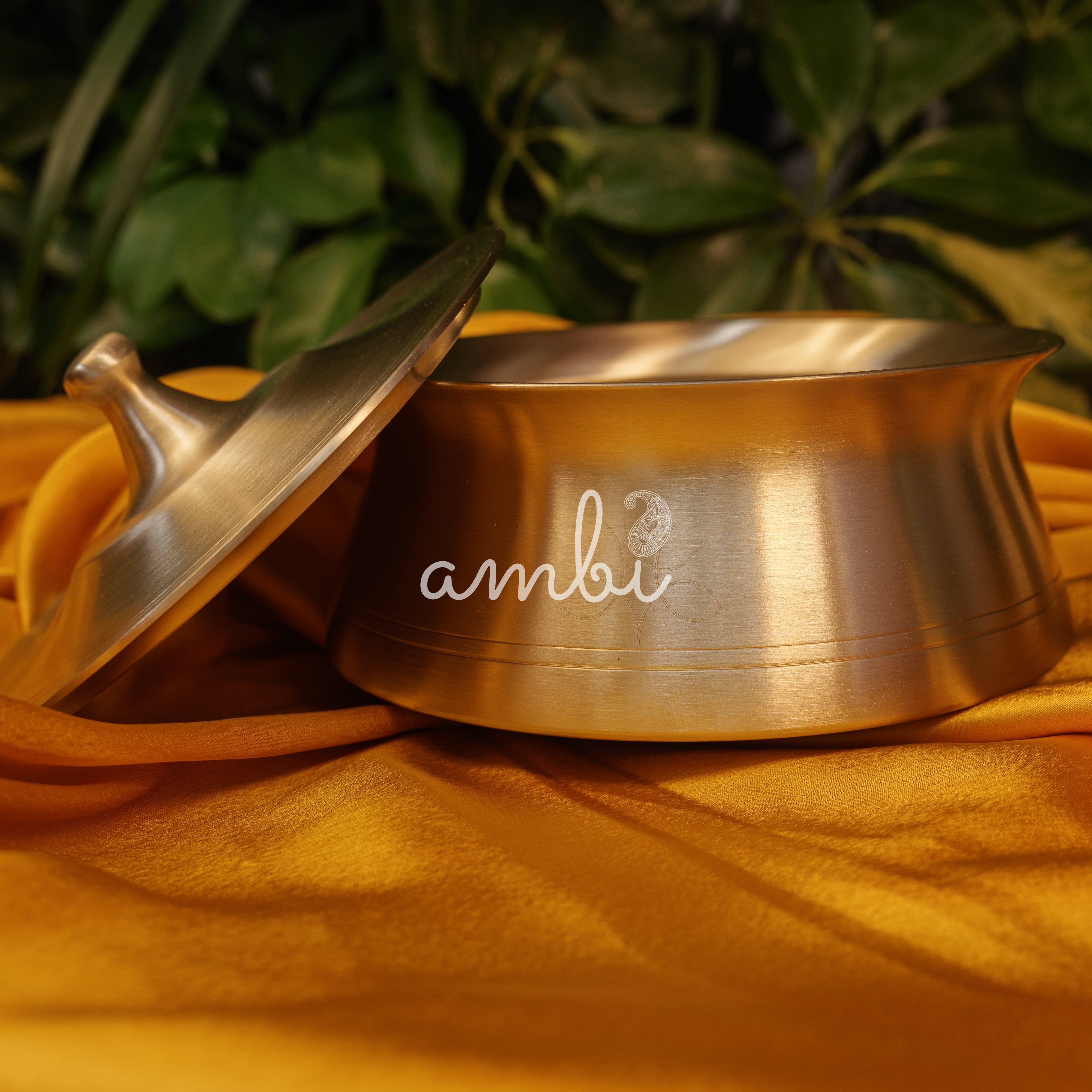 Modern Conical Shapes Laser Etched Pure 100% Lead Free Kansa Serving Bowl Handi with Heavy Lid - Large -2.0 L