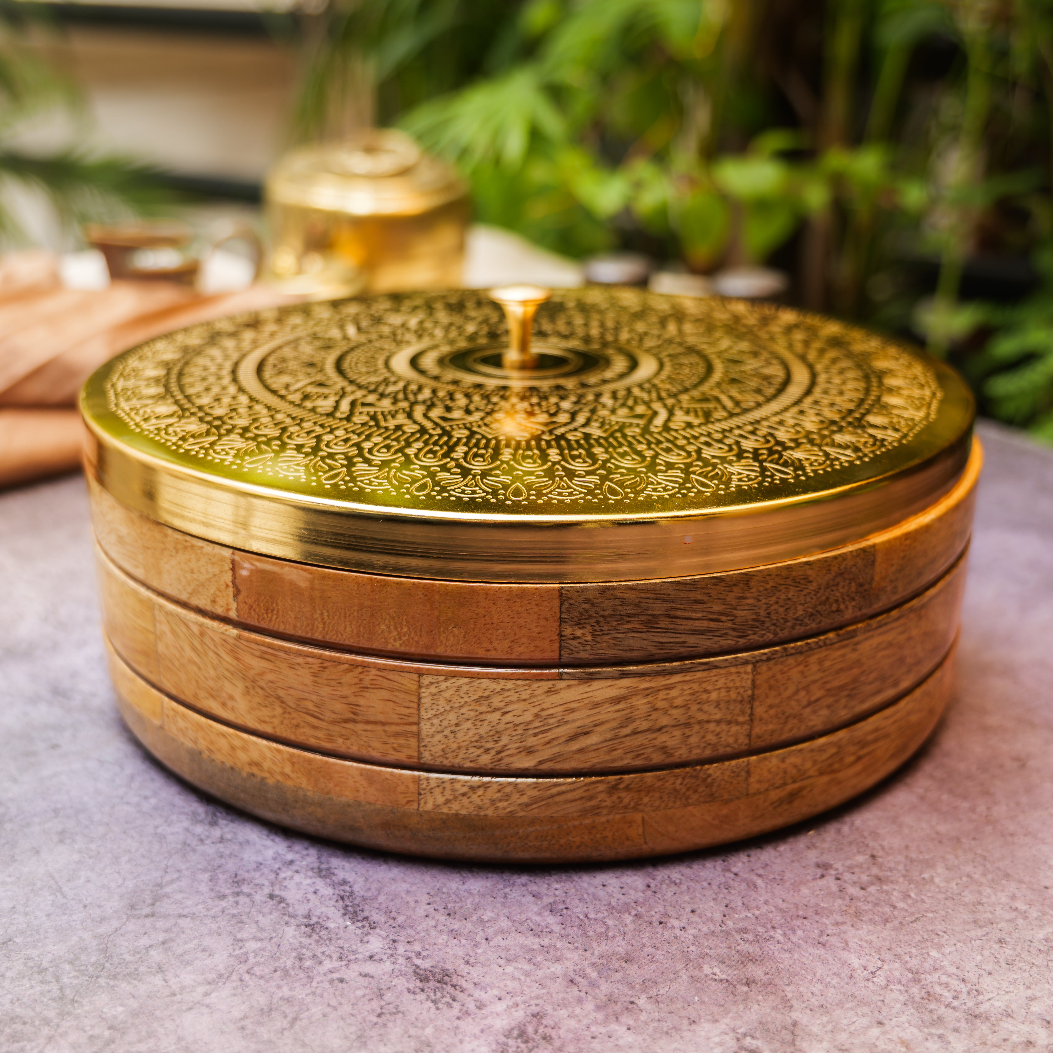 Ambi Pure Brass Mandala Roti Box with Wooden Base and Tongs - 9 Inche