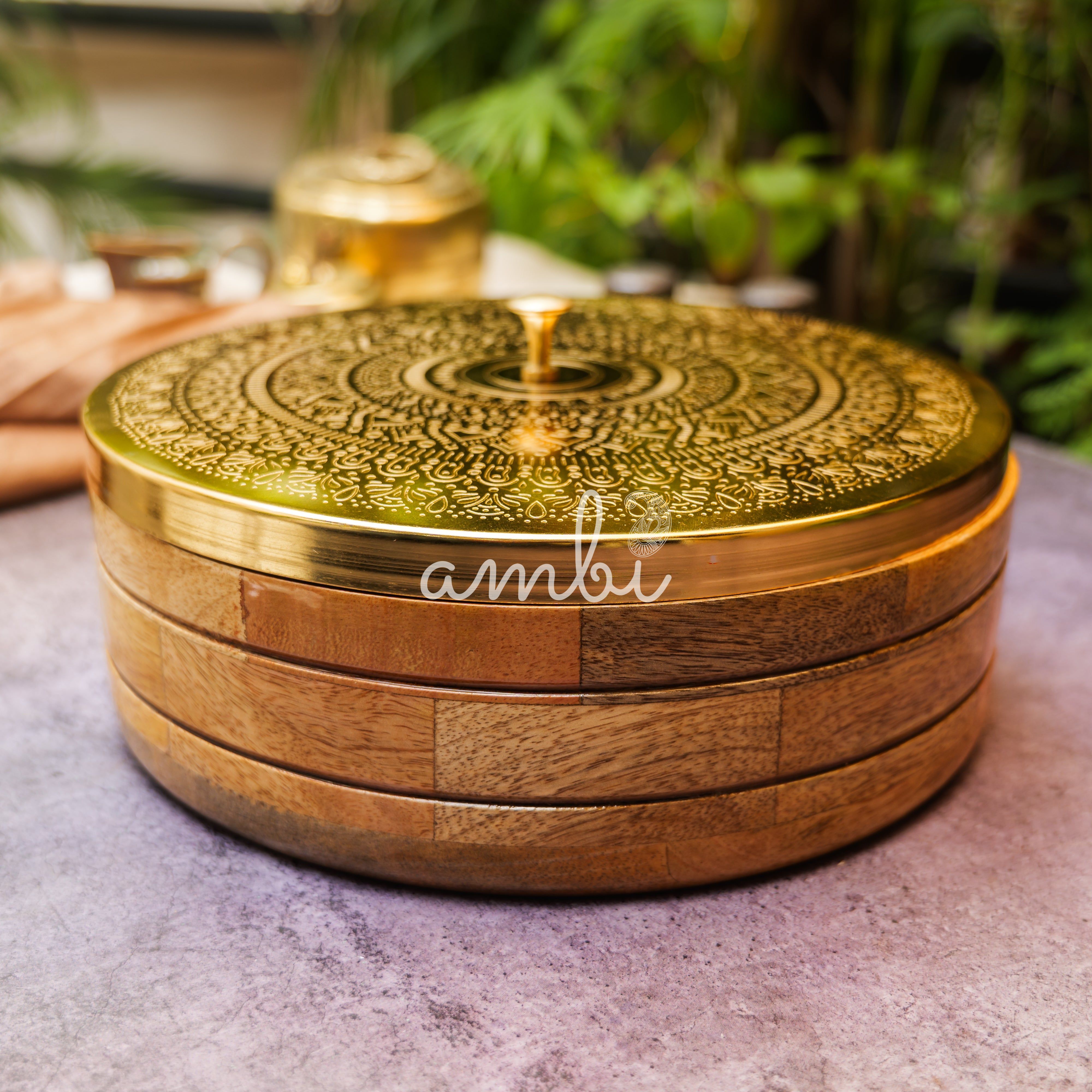 Ambi Pure Brass Mandala Roti Box with Wooden Base and Tongs - 9 Inche