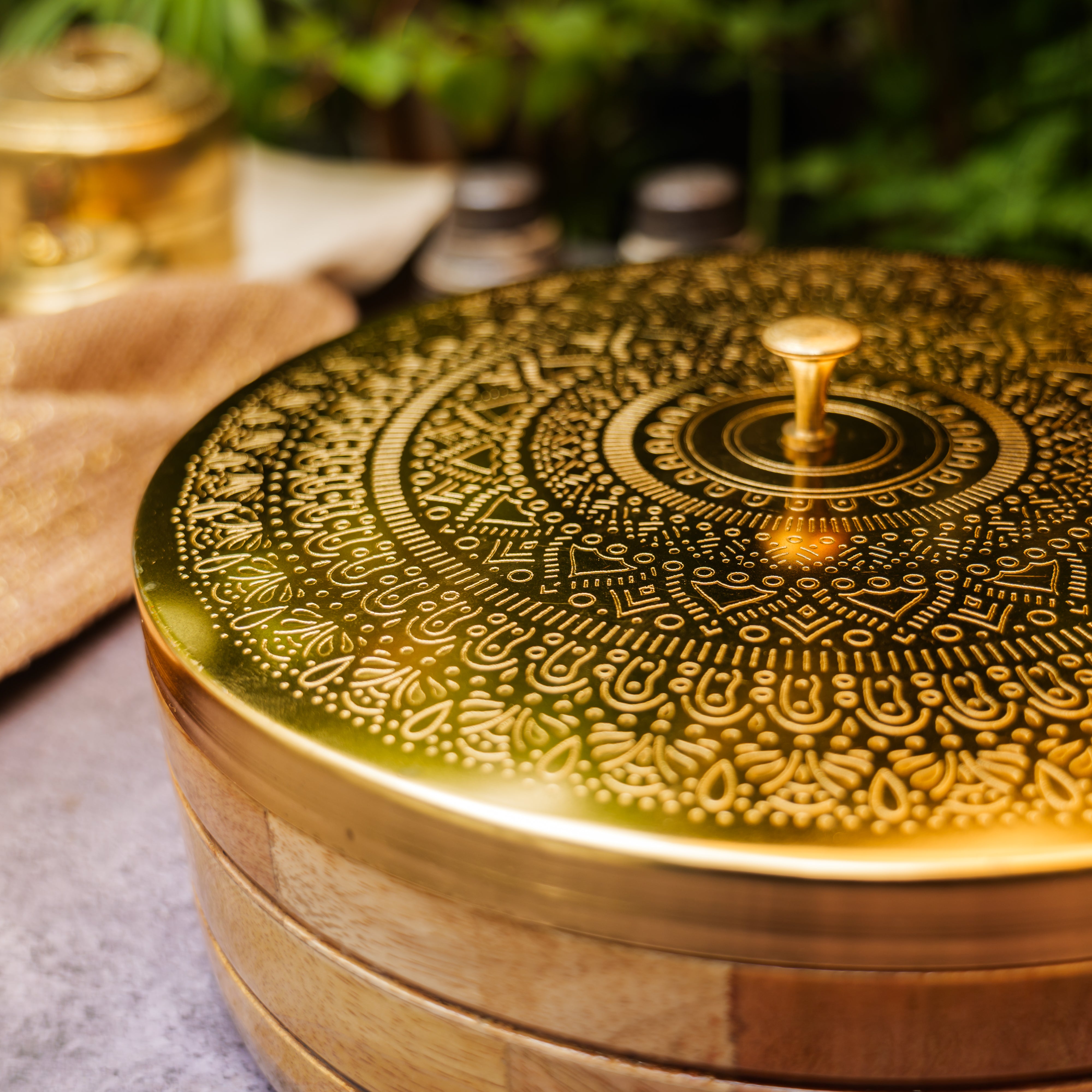 Ambi Pure Brass Mandala Roti Box with Wooden Base and Tongs - 9 Inche