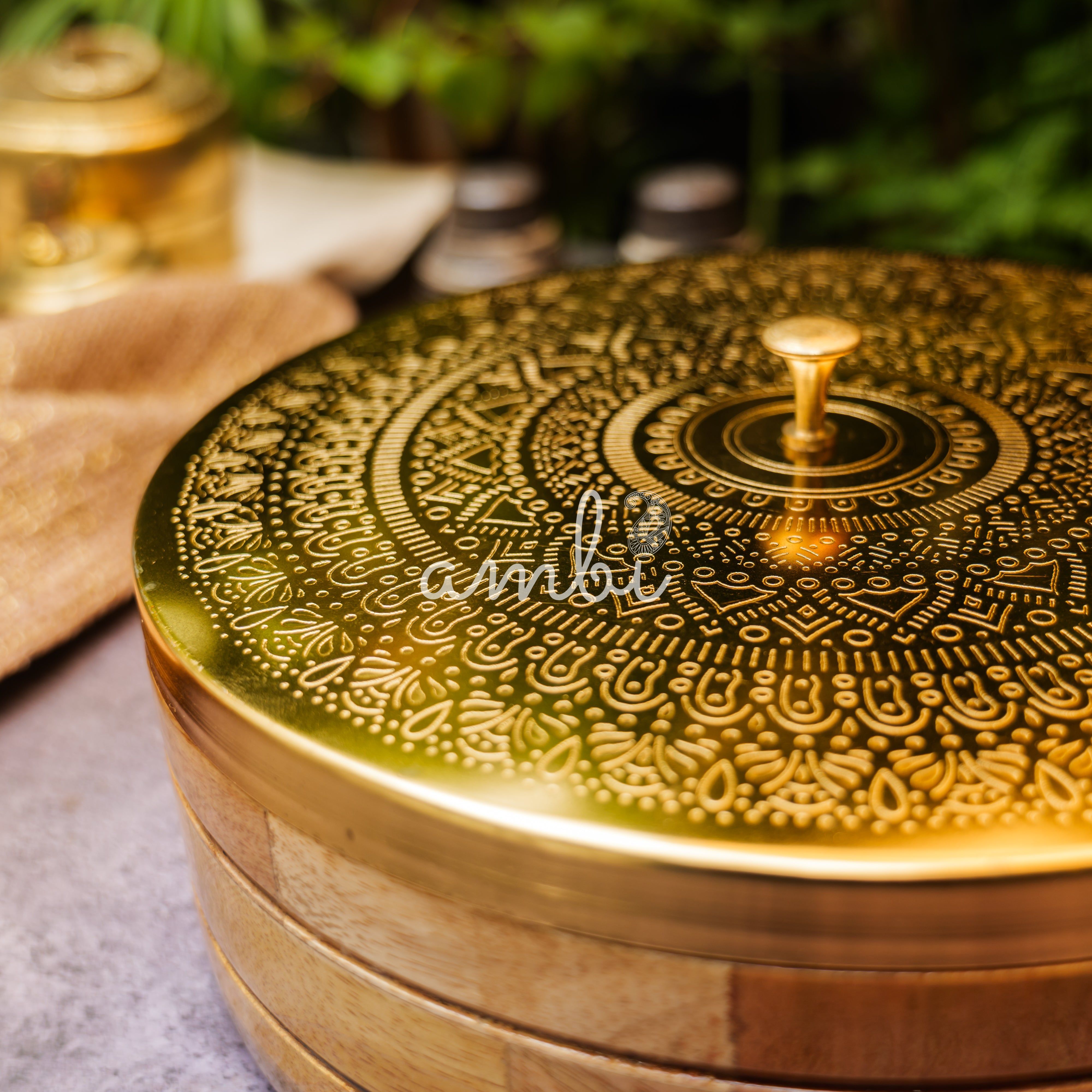 Ambi Pure Brass Mandala Roti Box with Wooden Base and Tongs - 9 Inche