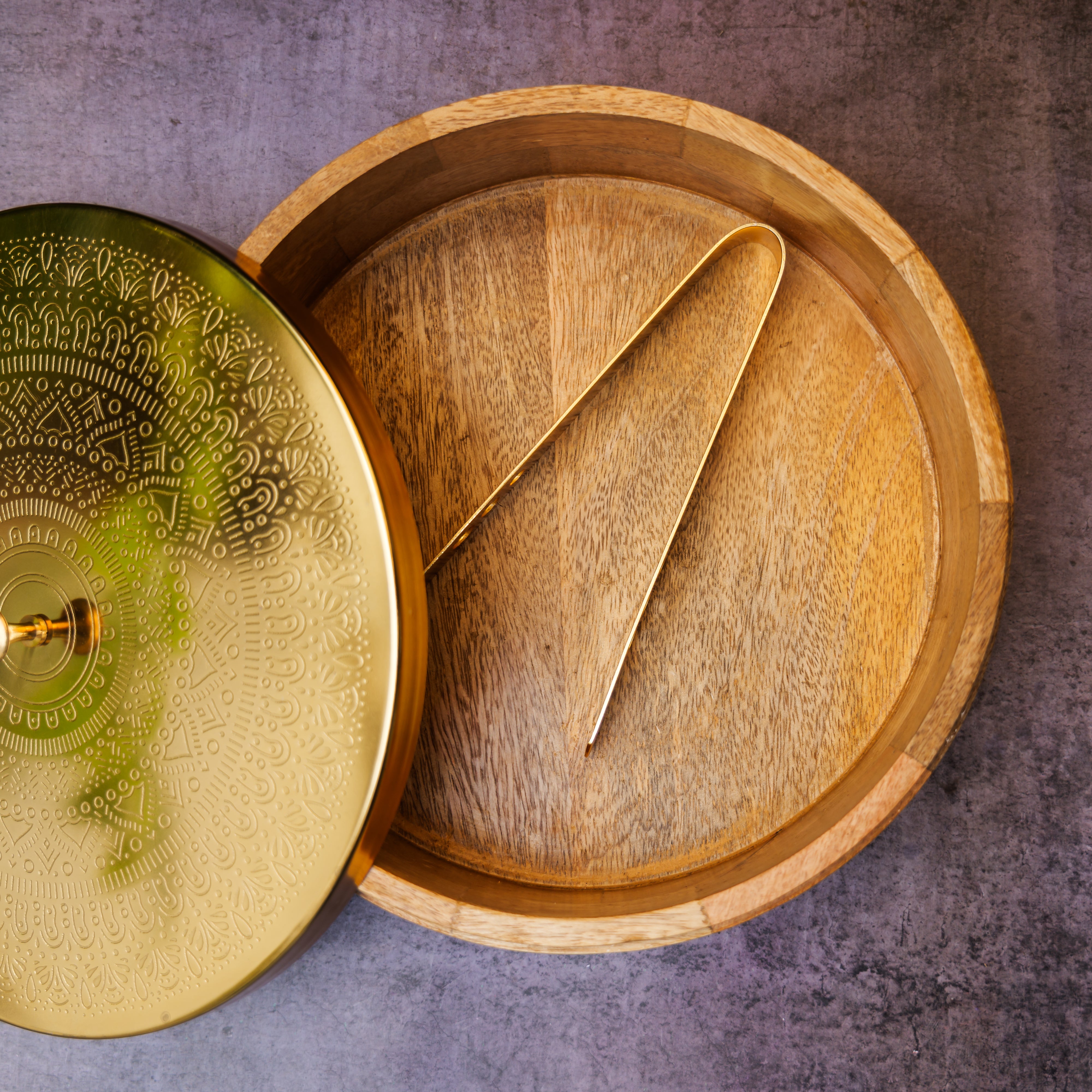 Ambi Pure Brass Mandala Roti Box with Wooden Base and Tongs - 9 Inche