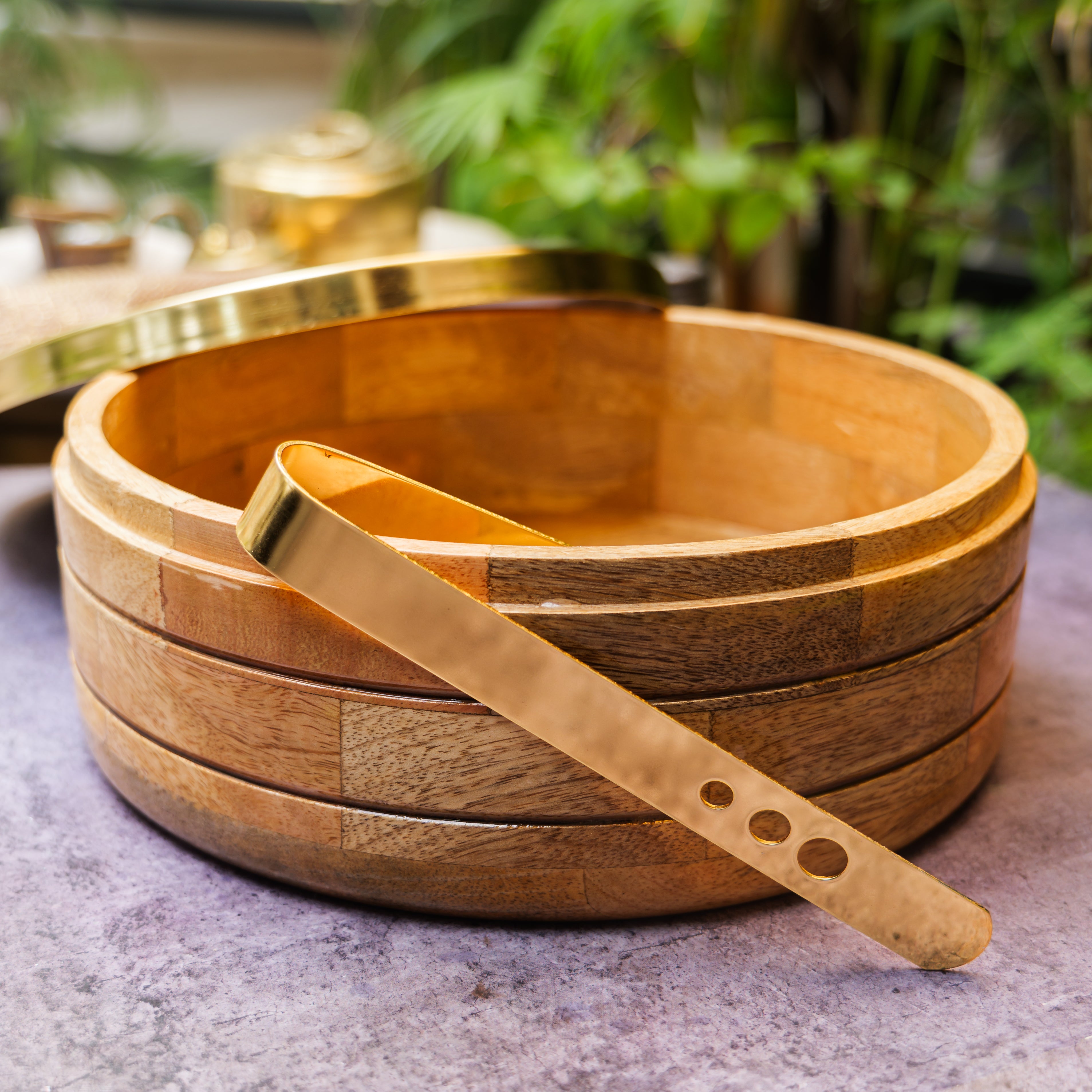 Ambi Pure Brass Mandala Roti Box with Wooden Base and Tongs - 9 Inche
