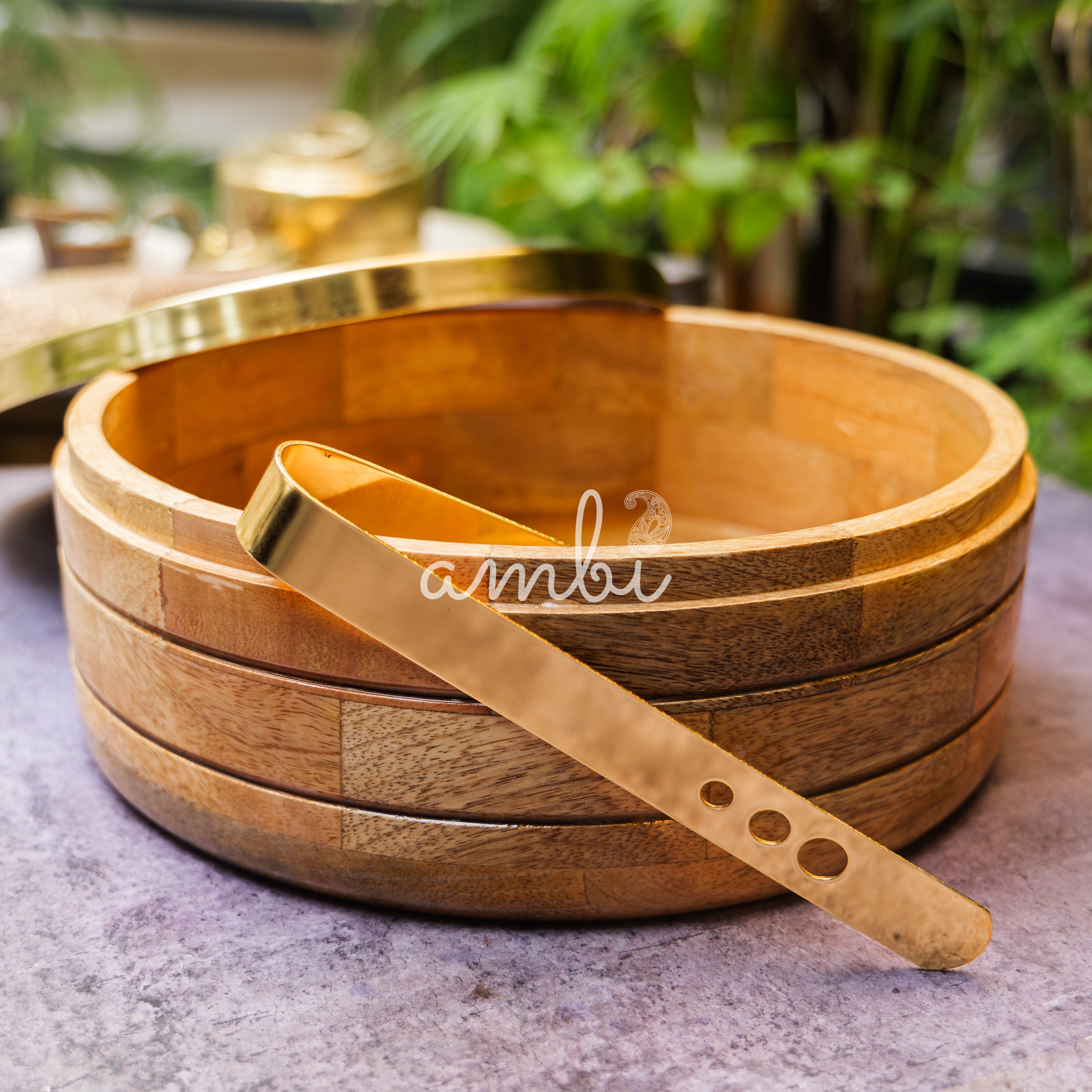 Ambi Pure Brass Mandala Roti Box with Wooden Base and Tongs - 9 Inche